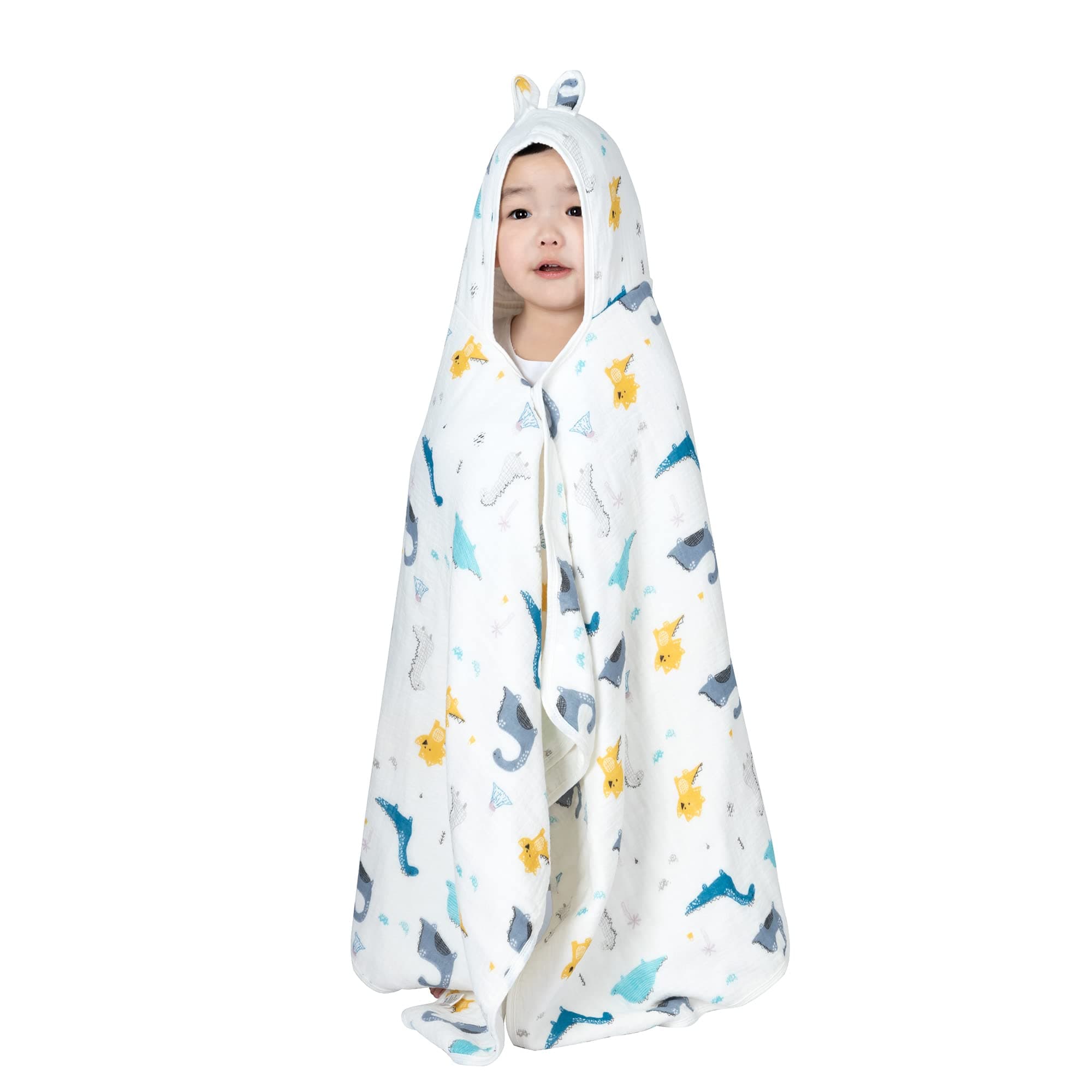 REMASS Muslin Hooded Towel Made from Organic Cotton 6-Layer Cotton Bath Towel, Soft Bath Towels 25x51inches for Toddler Baby and 0-4 Years Old Kids Dinosaur