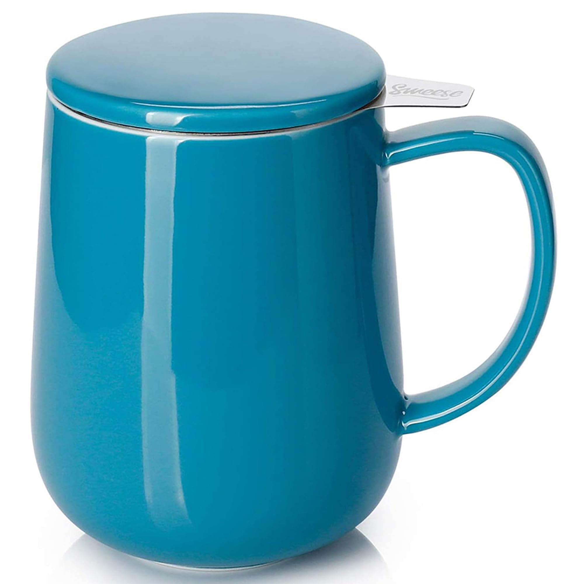Sweese Porcelain Teacup with Infuser and Lid, 20oz, Steel Blue, Microwave Safe, Reusable