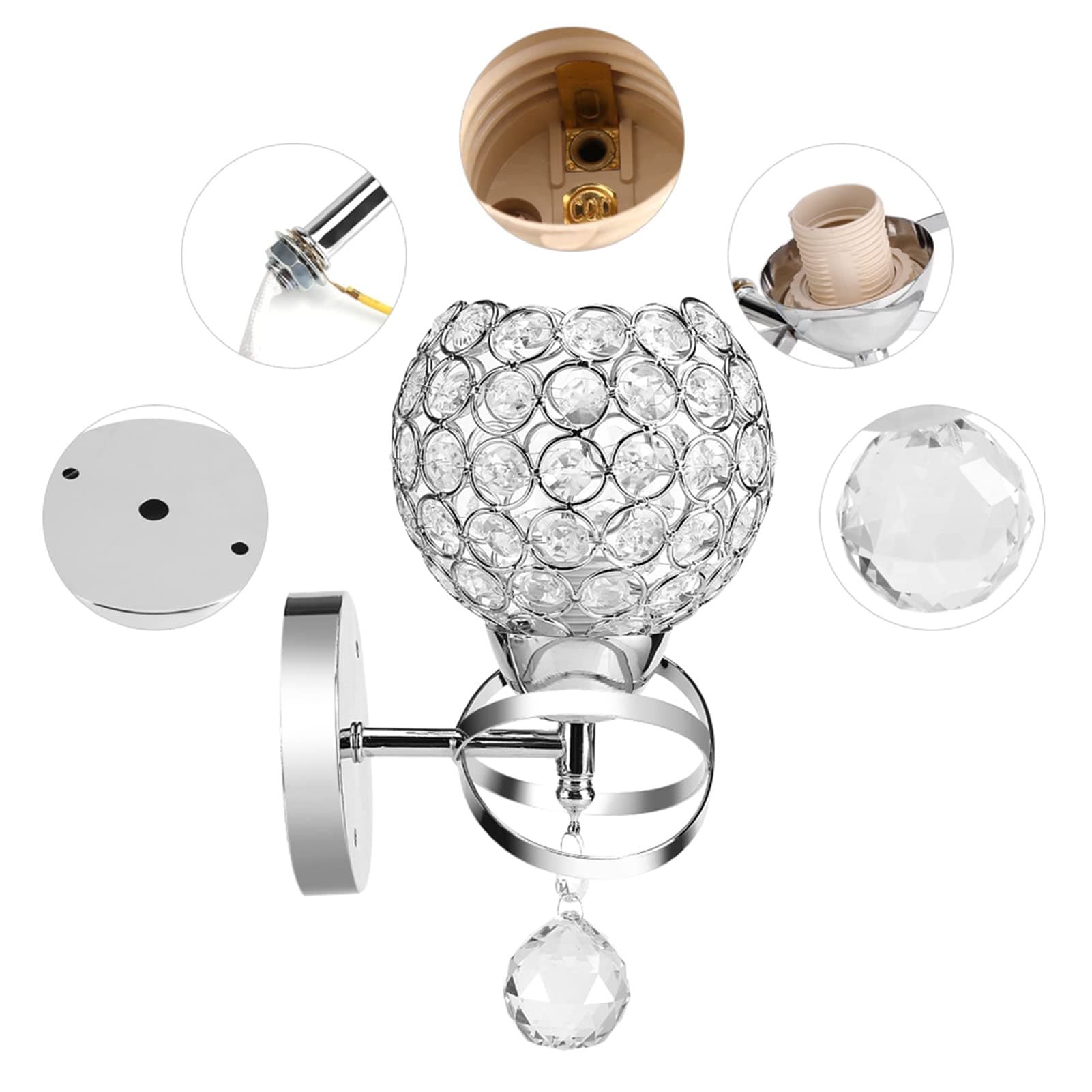 Crystal Wall Lamp, Elegant Modern Bedside Night Light Wall Mounted E27 Socket Sconce for Bedroom Living Room Iron Crystal Silver 14.5 x 24.5cm 1 Pack