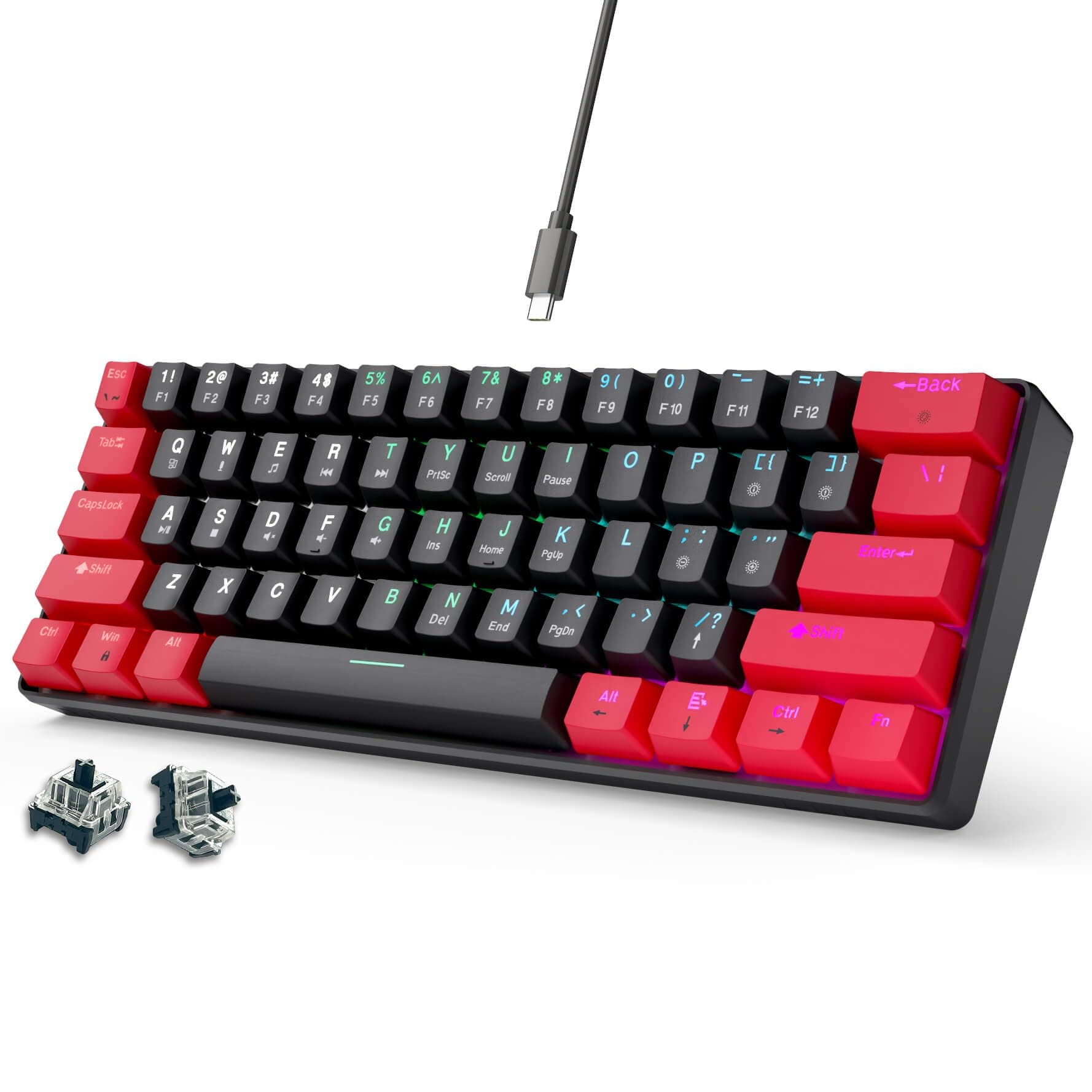 Abucow 60% Mechanical Gaming Keyboard with Black Switch Wired Compact 61 Key Anti-Ghosting Swappable Keycaps Ergonomic Design for Windows/Mac