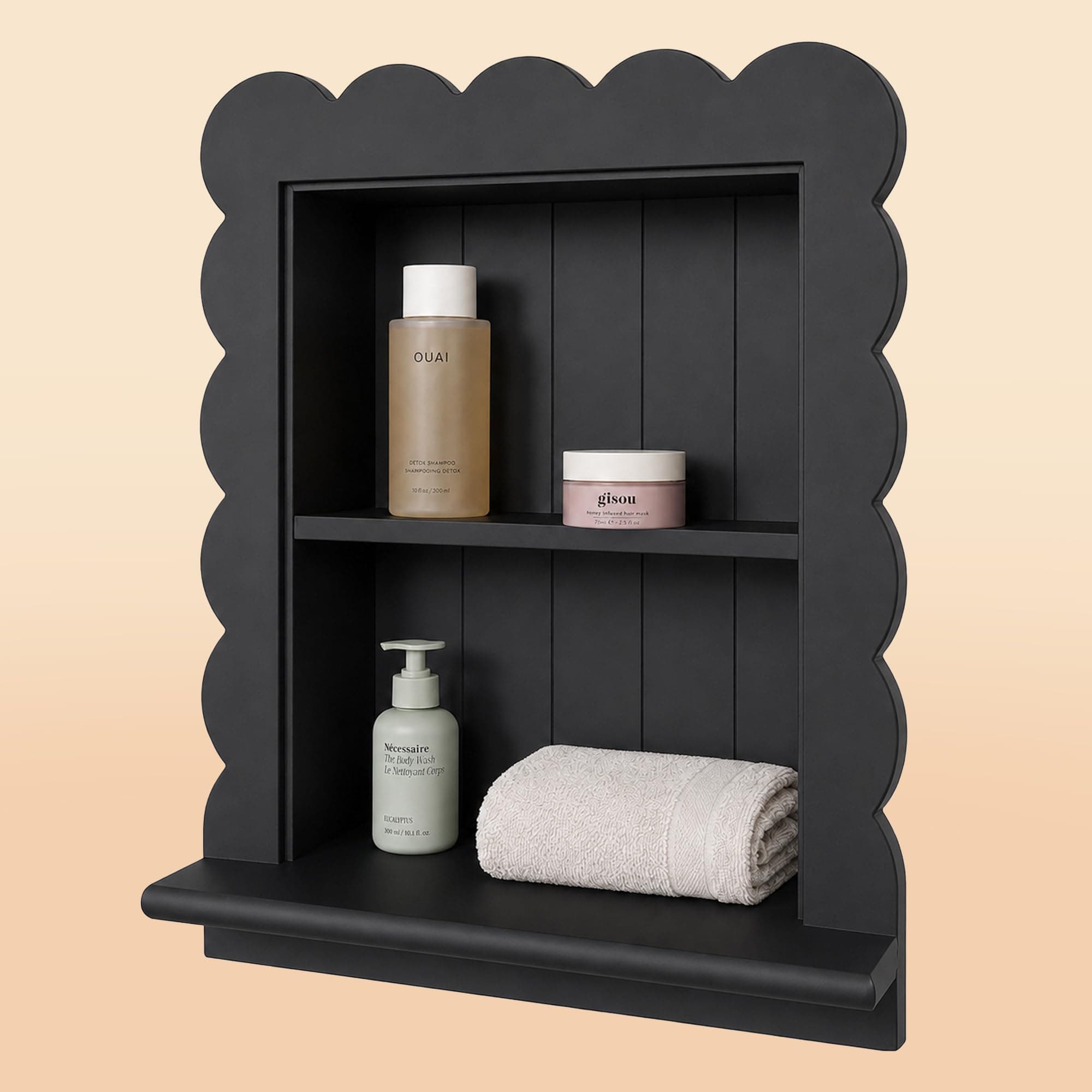 Royxen 14"x18" Recessed Medicine Cabinet, 2-Tier Wooden Bathroom Wall Cabinets Without Mirror,Scalloped Large Medicine Cabinet Niche for Bathroom Storage Organizer (Black, 14 x 18 Inch)