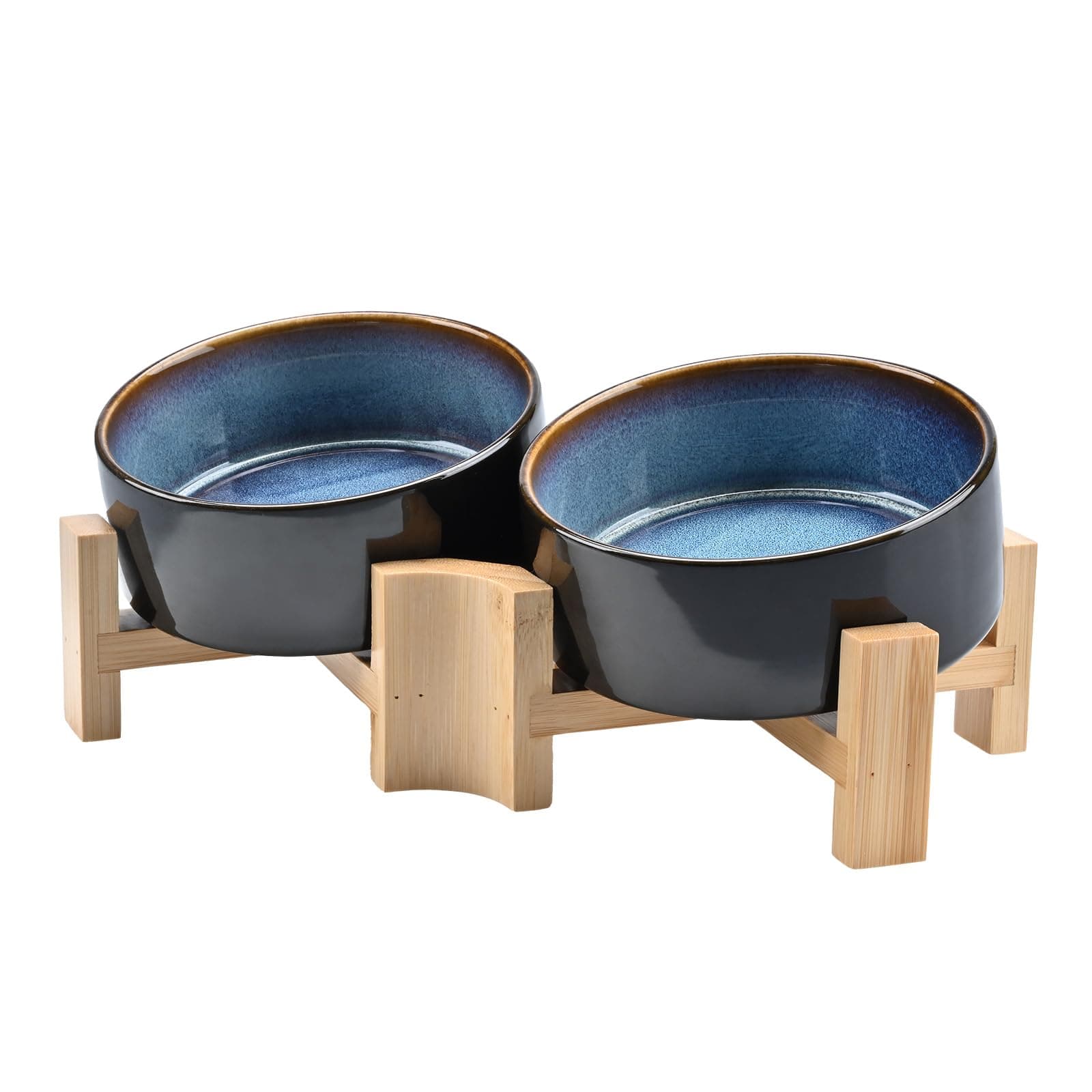 SPUNKYJUNKY 15° Slanted Ceramic Dog and Cat Bowl with Wooden Stand, Tilted Bulldog Food and Water Bowl No Slip Non-Spill for Cats Medium Dogs Big Face Pets 13.5 OZ (1.7 Cups, Starry Blue × 2)