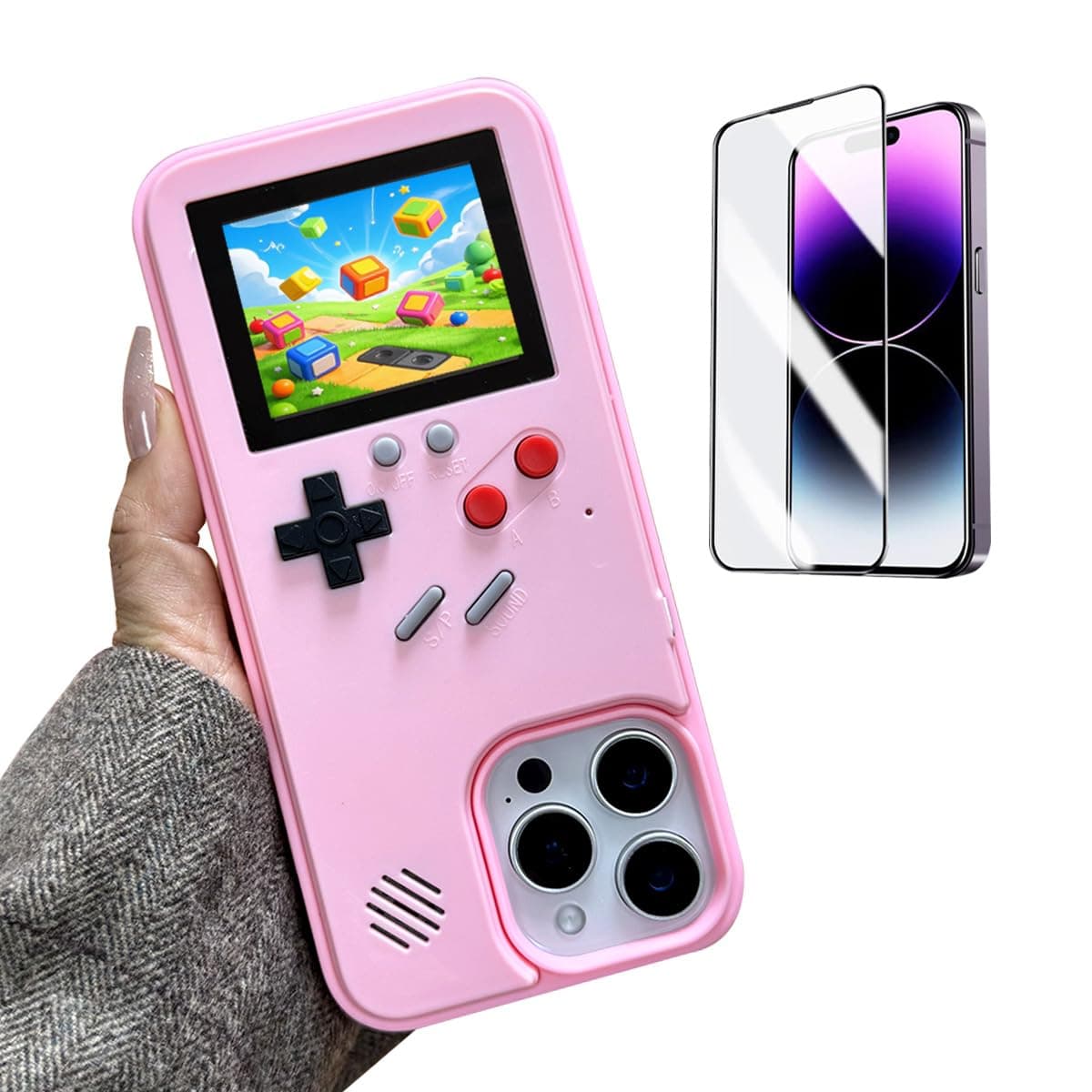 ERAKOLE Game Phone Case for iPhone 13 Retro Video Game Cover Funny Playable Design, Shockproof Protective Gamer Case for iPhone, Classic Creative Birthday Gifts, Pink