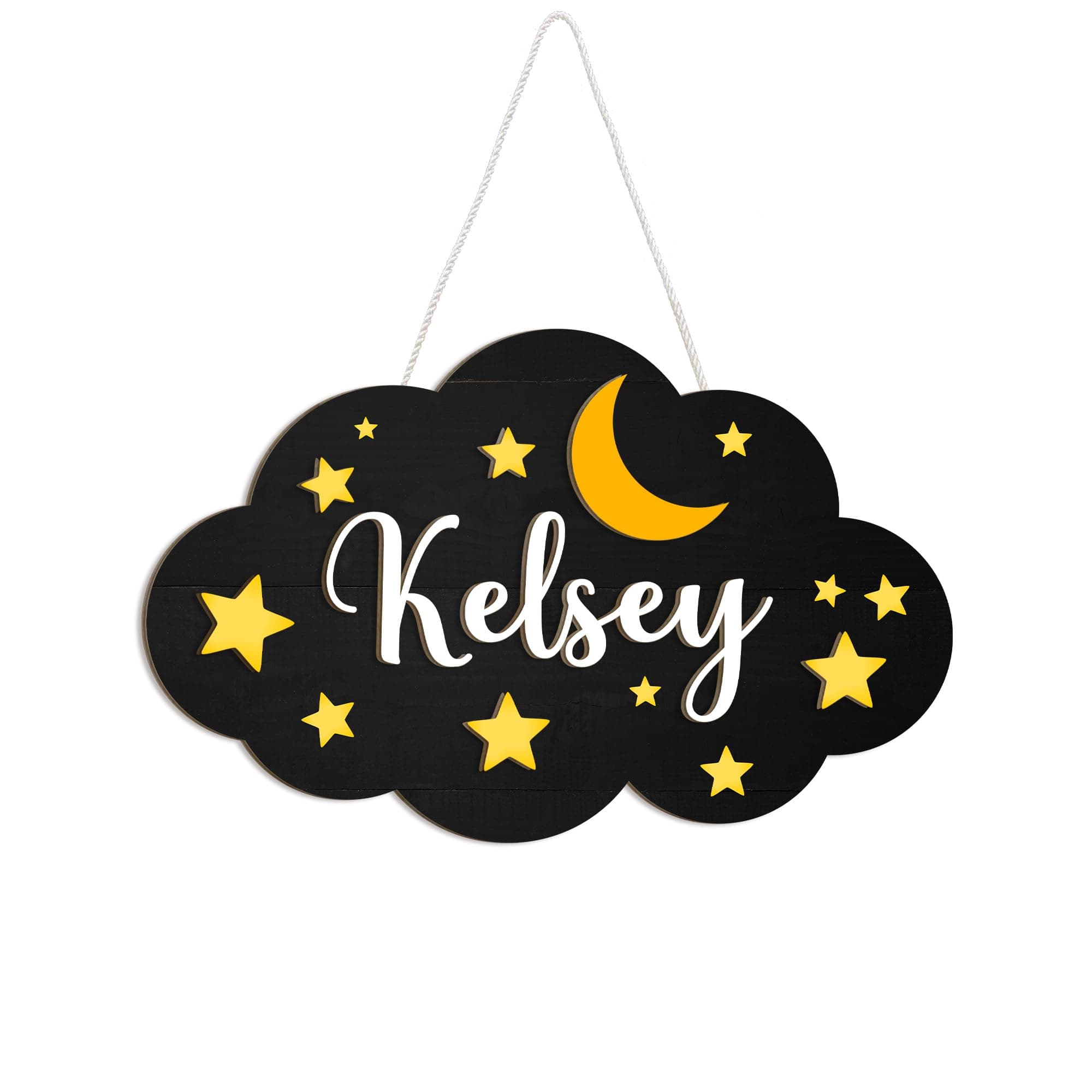 Mondily Personalized Baby Name Sign, Rustic Sentimental Astronomy & Space Nursery Decor, 2 Layers Wood Sign, 6"-18" Sizes with Rope