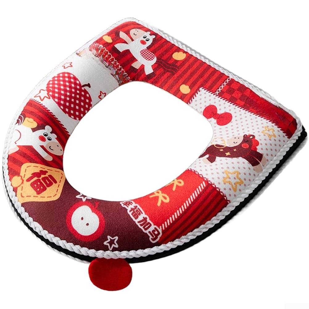 Red Plush Toilet Seat Cover Warm Winter with Handle Zipper Design for Round Bowls 42x38cm(D)