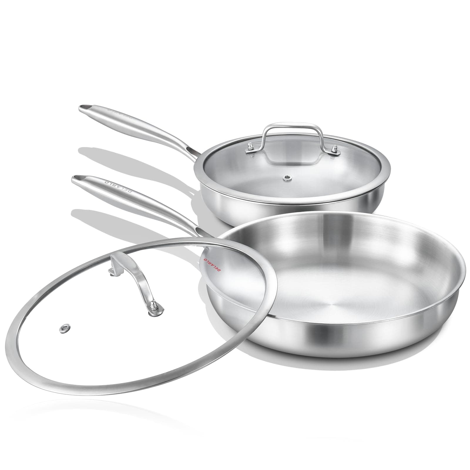 DELARLO Tri-Ply Stainless Steel Pan, 18/10 Frying Pan, Oven Safe Up to 600°F, Nontoxic Cookware, Compatible with All Cooktops Skillet, Durable, Fast Even Heat Fry Pan,Steel 8+10.2" with Lids