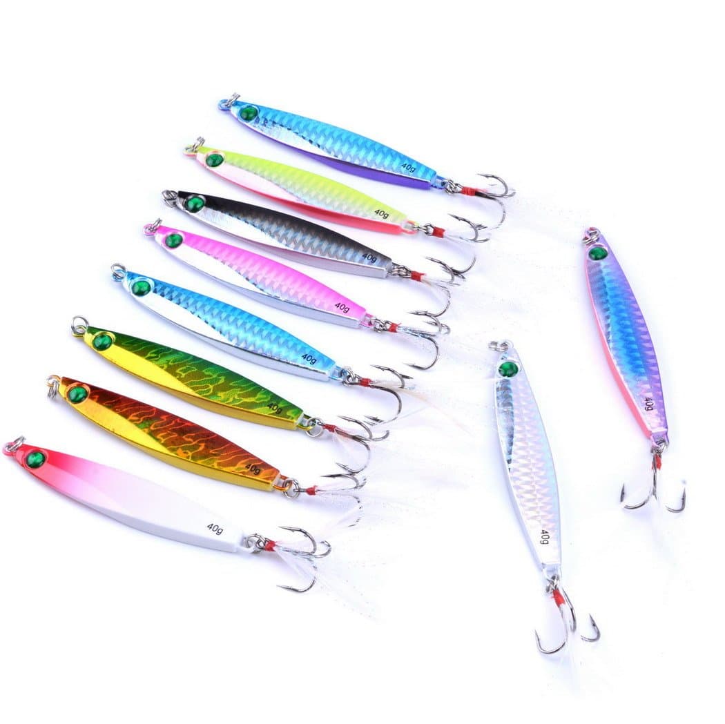 Aorace 10pcs 8.7cm/40g Saltwater Fishing Casting Metal Jig Shore and Boat Jigging Lure Bait Fishing Lures Hard Spoon Treble Hooks Tackle Salmon Bass