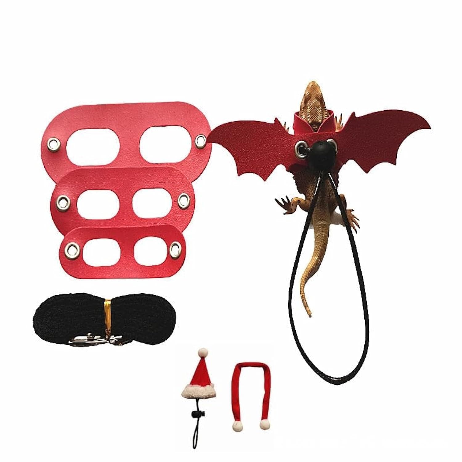 Christmas Lizard Leash Bearded Dragon Harness Adjustable (S,M,L) for Lizard,Gecko, Iguanas Amphibians and Other Small Pet Animals (red+christmas hat scarf)