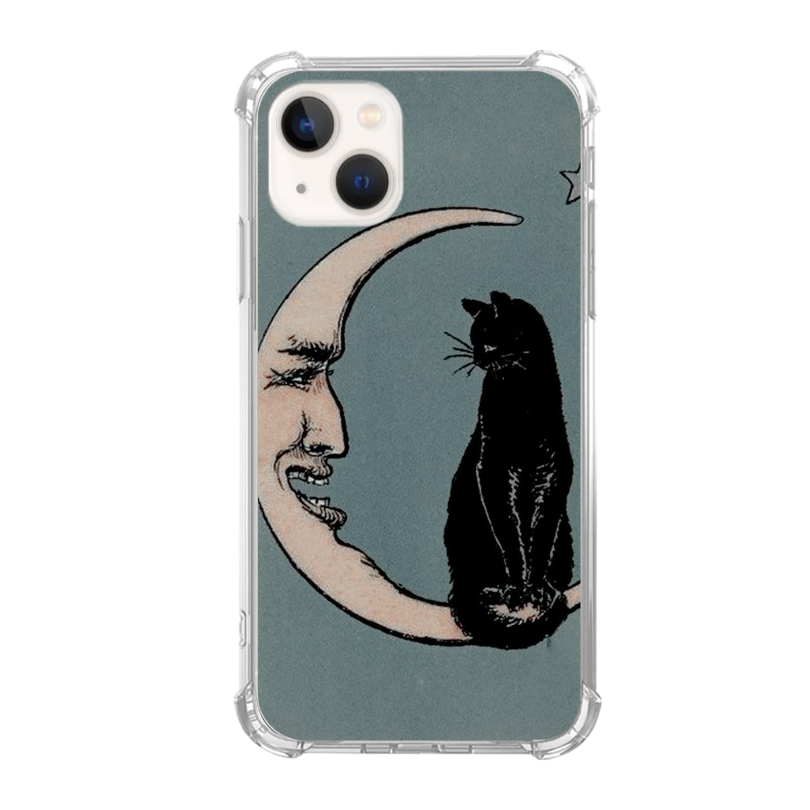 Mofreore Hippie Black Cat and Moon Case Compatible with iPhone 15, Cute Cool Case for iPhone 15 for Girls Women Men, Unique Trendy TPU Bumper Cover Case