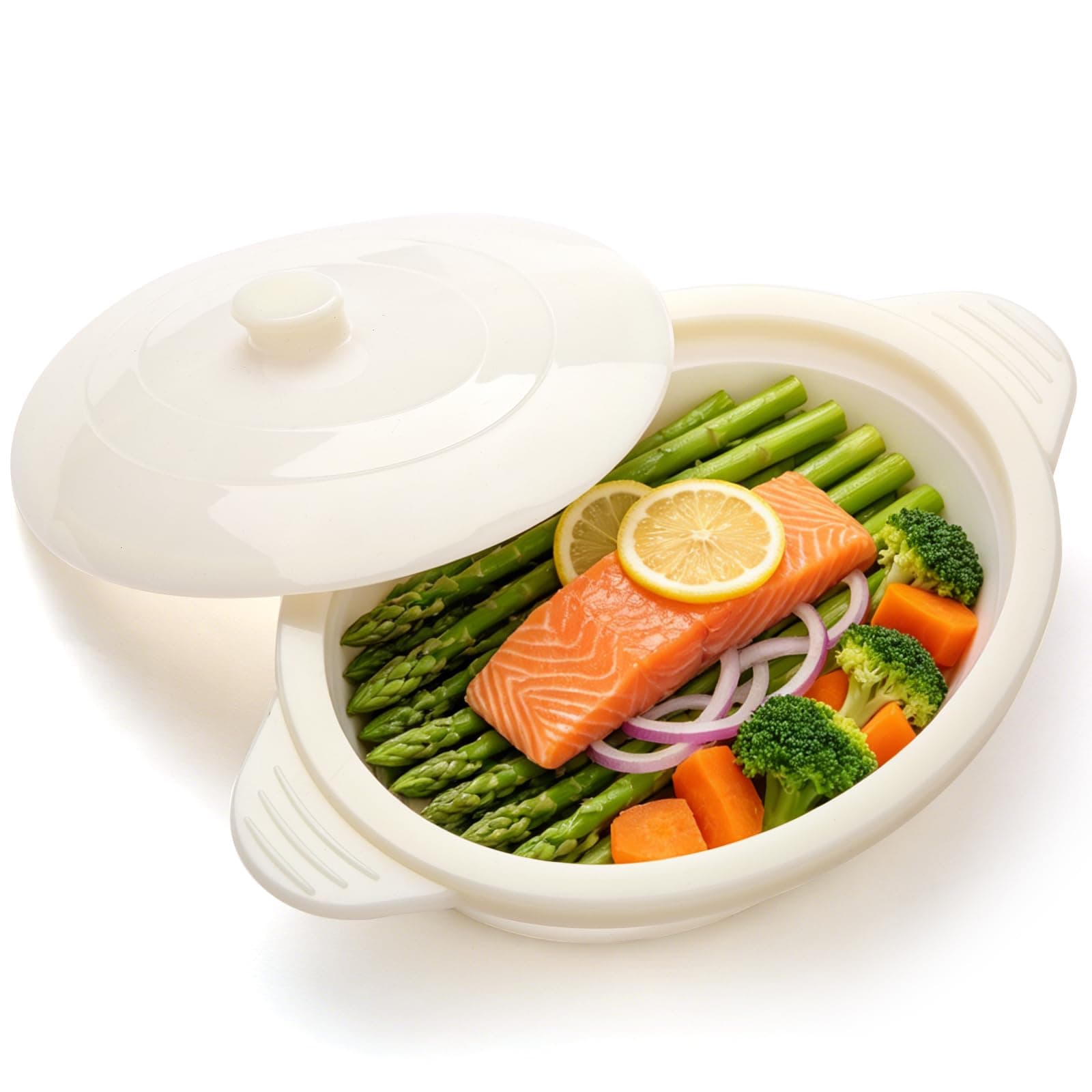 Microwave Steamer Cooker Collapsible Bowl-Silicone Steamer Cookware with Handle Lid for Vegetables Fish Prep Meal Food with Removable Rack BPA Free, Easy to Store, Freezer & Dishwasher Safe