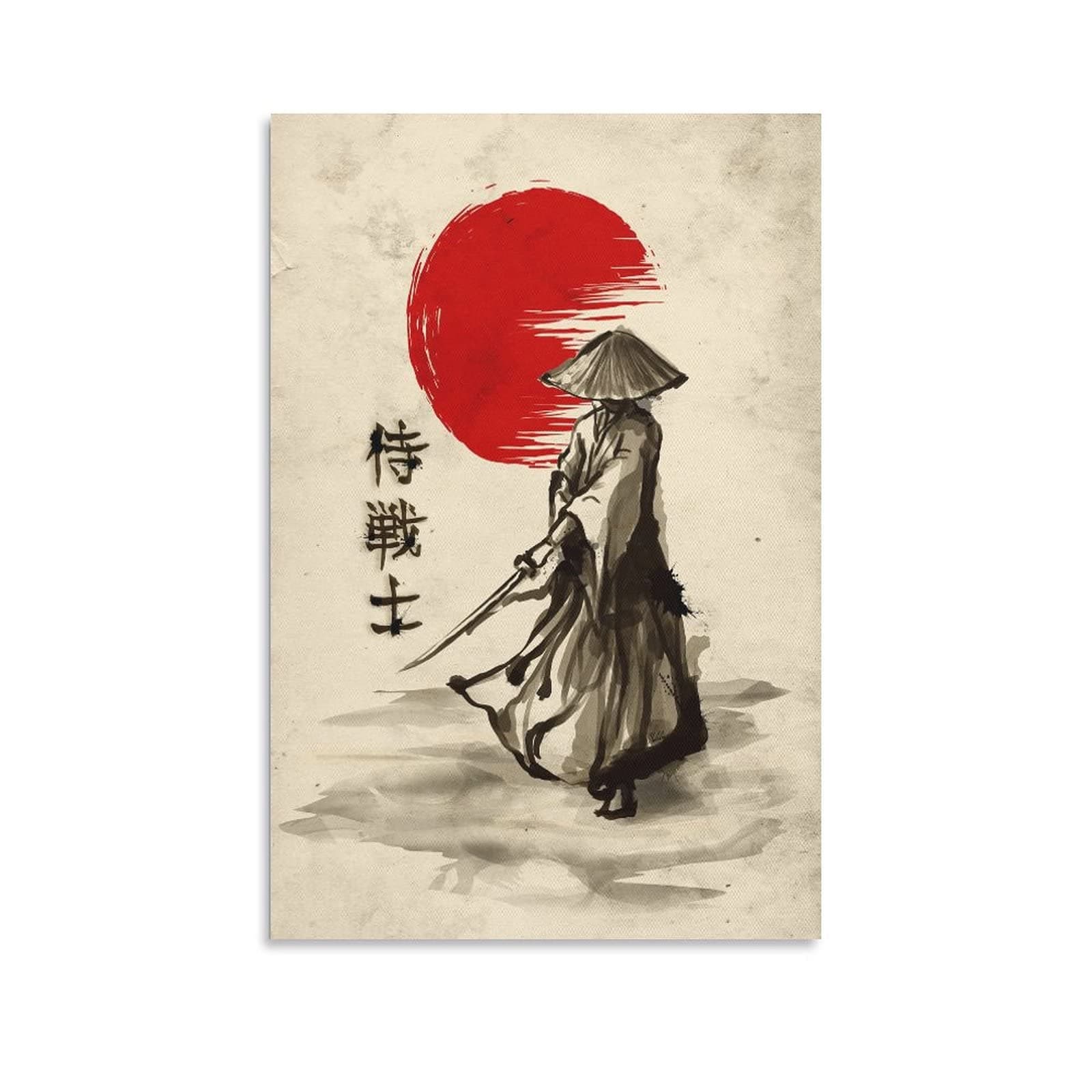 GENGSHENG Japanese Samurai Posters Wall Art Samurai Character Red Moon Canvas Painting Home Decoration for Living Room Bedroom Unframed 24 x36 inches