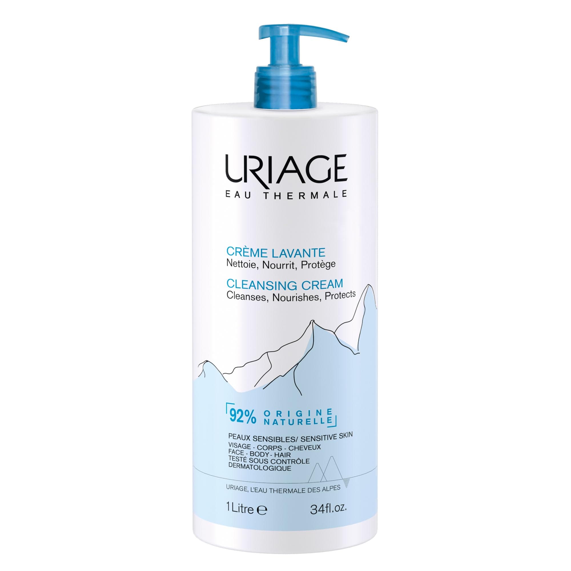 Uriage Cleansing Cream - Face & Body Moisturizing Cleanser With Shea Butter, Brings Instant & Long-lasting Comfort to Sensitive & Very Dry Skin - Whole Family Format, Babies, Children & Adults - 1L