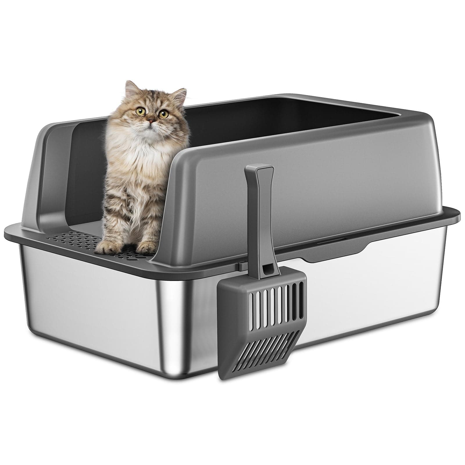 Zarler Stainless Steel Litter Box with Lid, Extra Large Cat Litter Box, XL Large Metal Litter Box for Big Cats with High Sided, Grey (Non-Sticky, Easy to Clean, Anti-Urine Leakage)