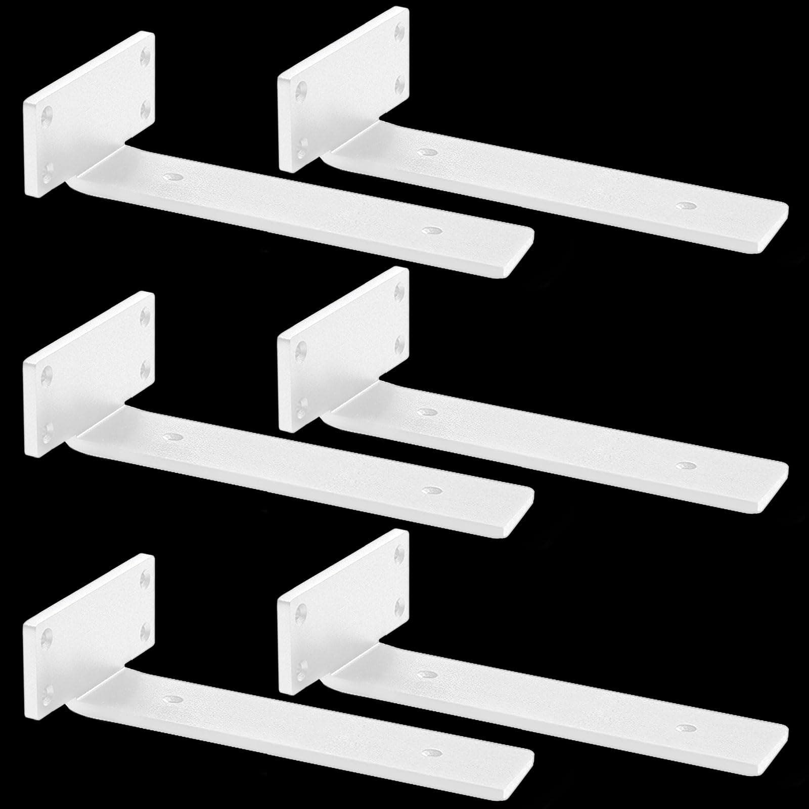 Floating Shelf Brackets Heavy Duty - 1/5 Inch Thick Industrial White Metal L Brackets Premium Solid Steel Shelf Supports for Shelves - 10 Inch Heavy Floating Shelves Hardware (6Pcs)