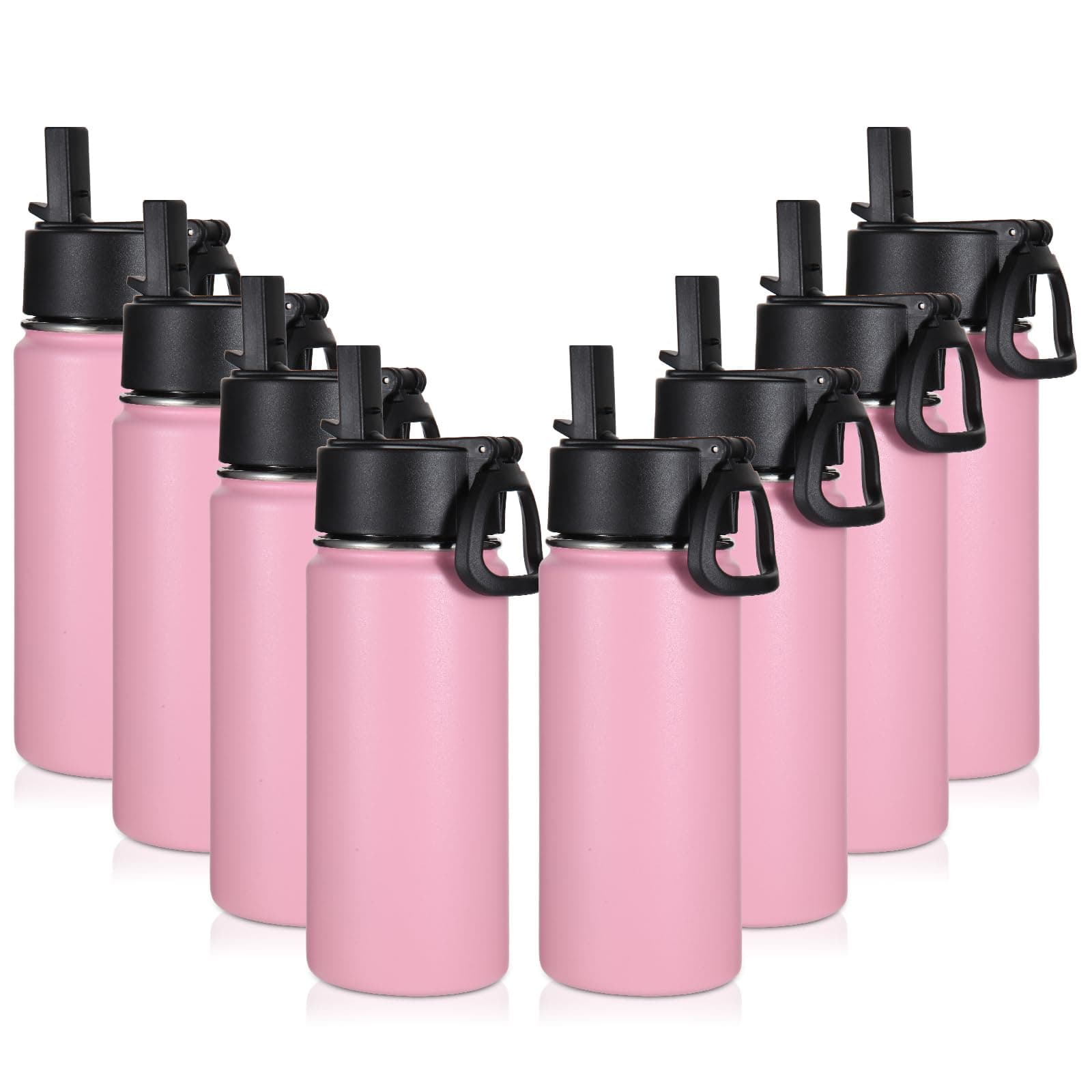 Volhoply 16 OZ Kids Water Bottle Bulk 8 Pack,Insulated Sports Bottles with Straw Lid,Stainless Steel Bottle with Handle Keep Cold & Hot,Double Wall Vacuum Cups for School,Girls(Pink,Set of 8)