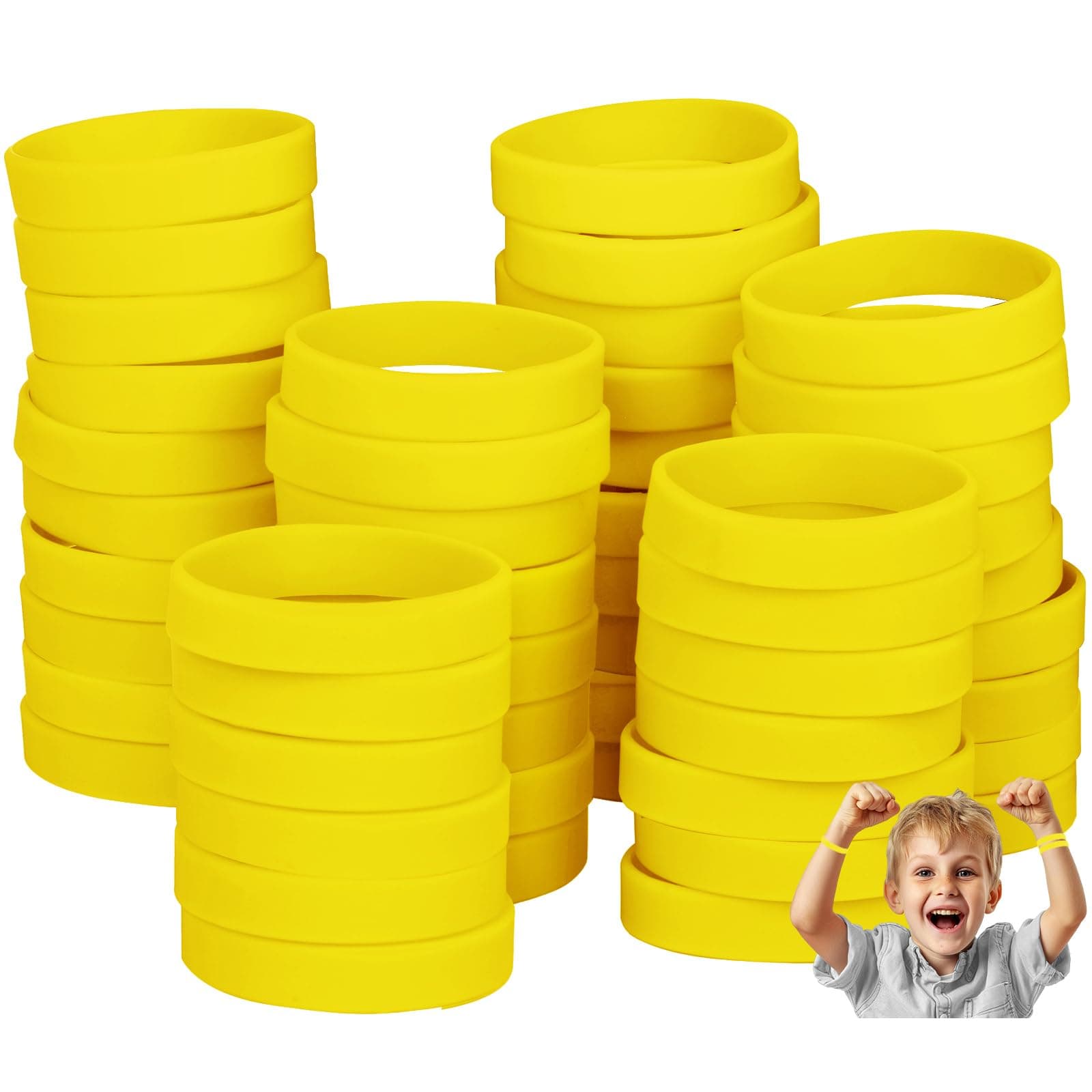 THXIY 100PCS Silicone Bracelets Wristbands for kids,Yellow Blank Rubber Wristbands Elastic Bracelets Rubber Wholesale Bracelet Bands Bulk For Kids Recommend 3-7 aged