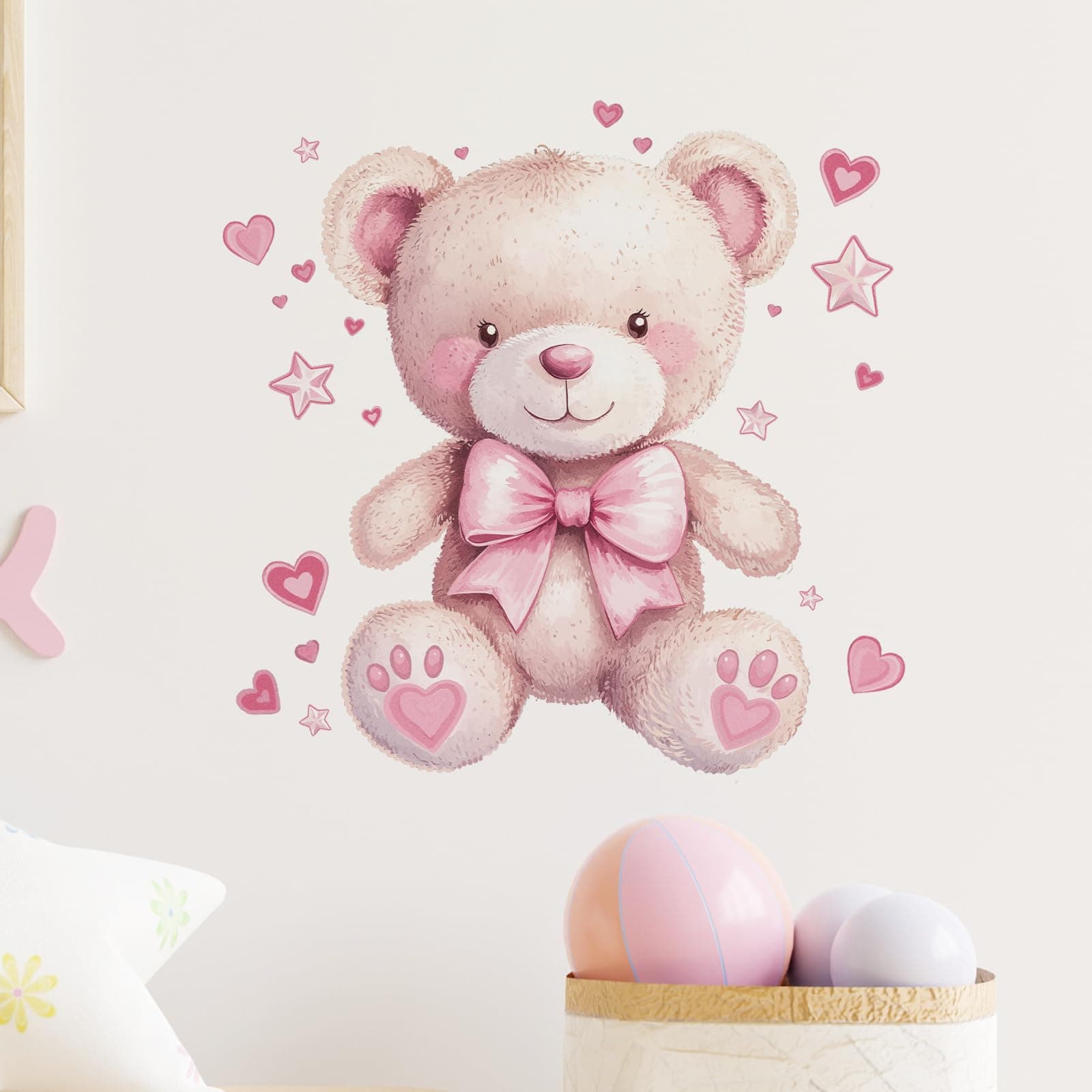 RoyoLam Cute Pink Teddy Bear Doll Wall Stickers Nursery Wall Decals for Kid Girl Baby Removable Peel and Stick Wall Art Home Decor Decoration for Classroom Preschool Living Room Bedroom