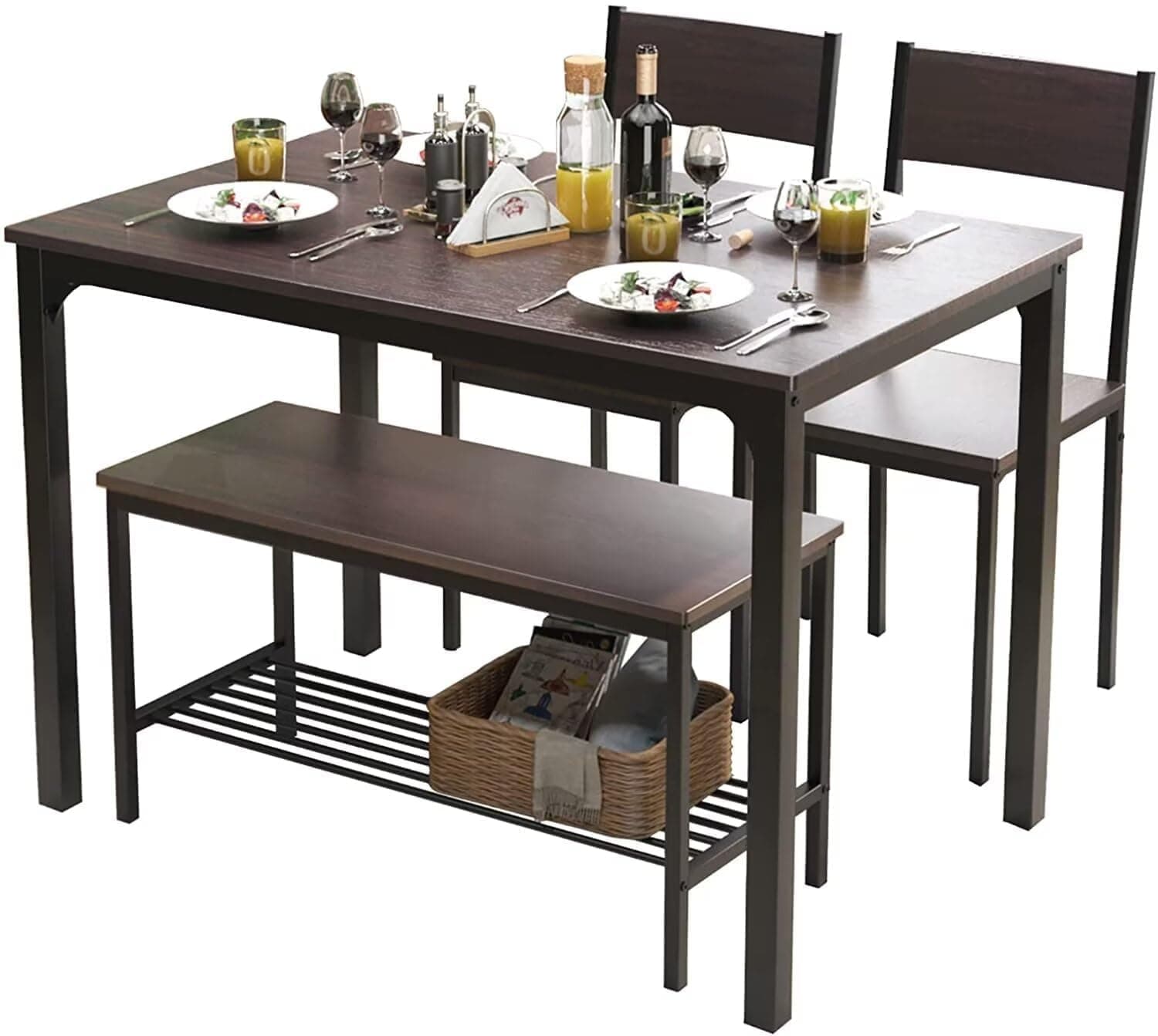 SDHYL Dining Table Set for 4 with Two Chairs and One Bench 4 Pieces Set Wooden Table Top with Metal Legs for Breakfast in Living Room, Kitchen Room, Dining Room,Space Saving Kitchen Table Set