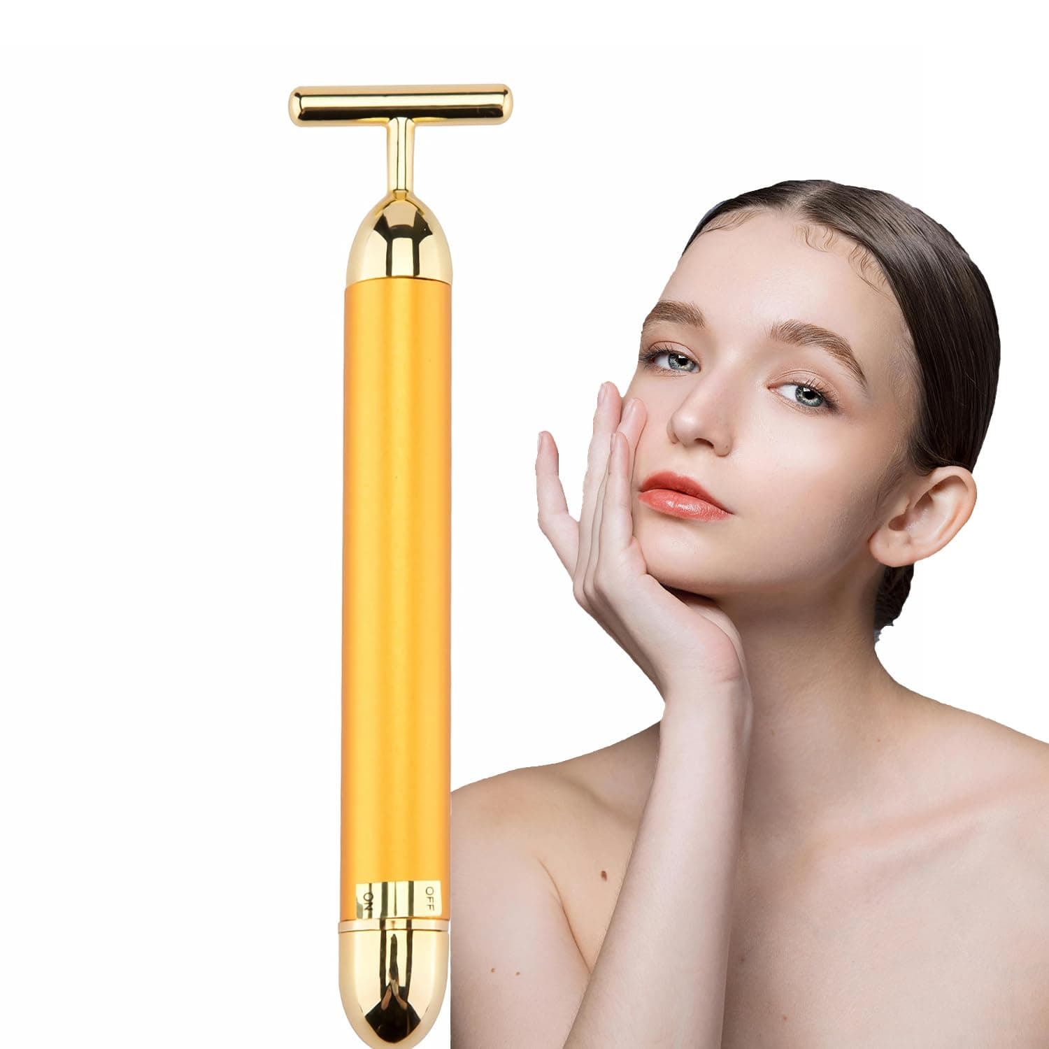 AMZVEZO Beauty Bar 24K Gold Facial Massager - Face T Shape Tool for Skin Care Tightening with Ergonomic Design (Gold)