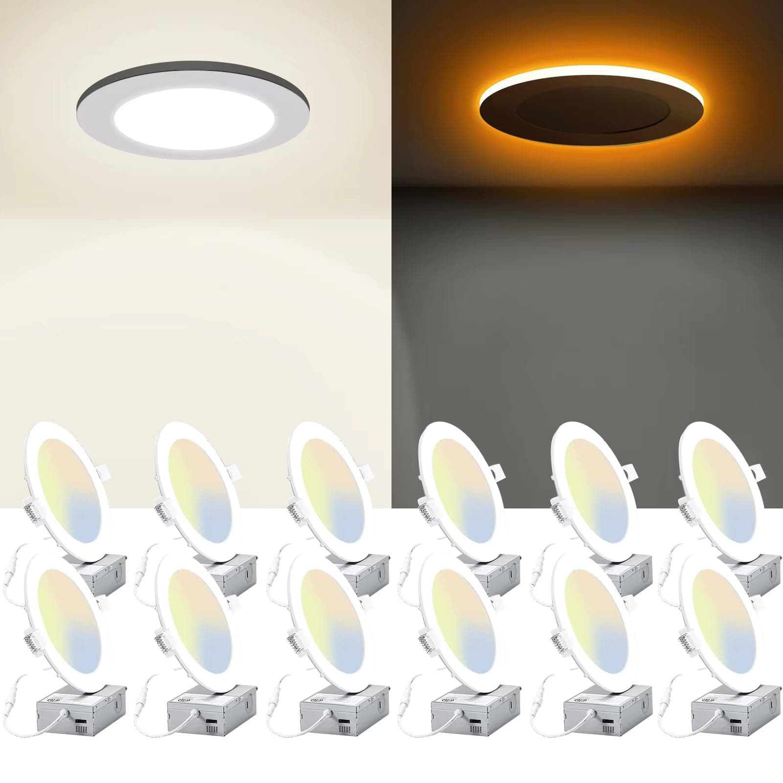 INCARLED 6Inch 5CCT LED Recessed Slim Pot Lights with Night Light 12Pack
