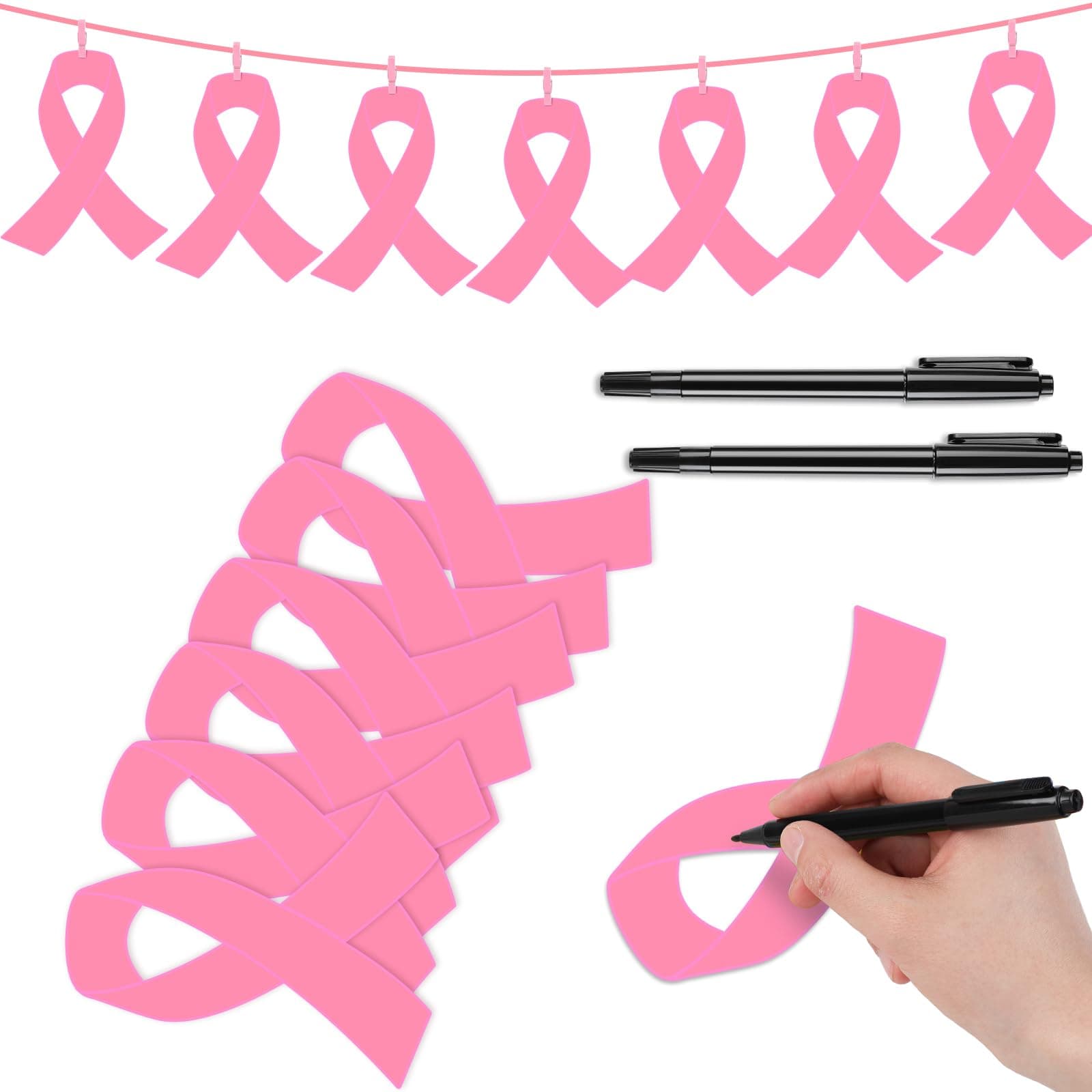 Kosiz 100 Pack Awareness Ribbon Set 100 Ribbon Cutouts 2 Marker Pens 100 Wooden Clips with Rope Items for Public Charity Party Supplies (Pink)