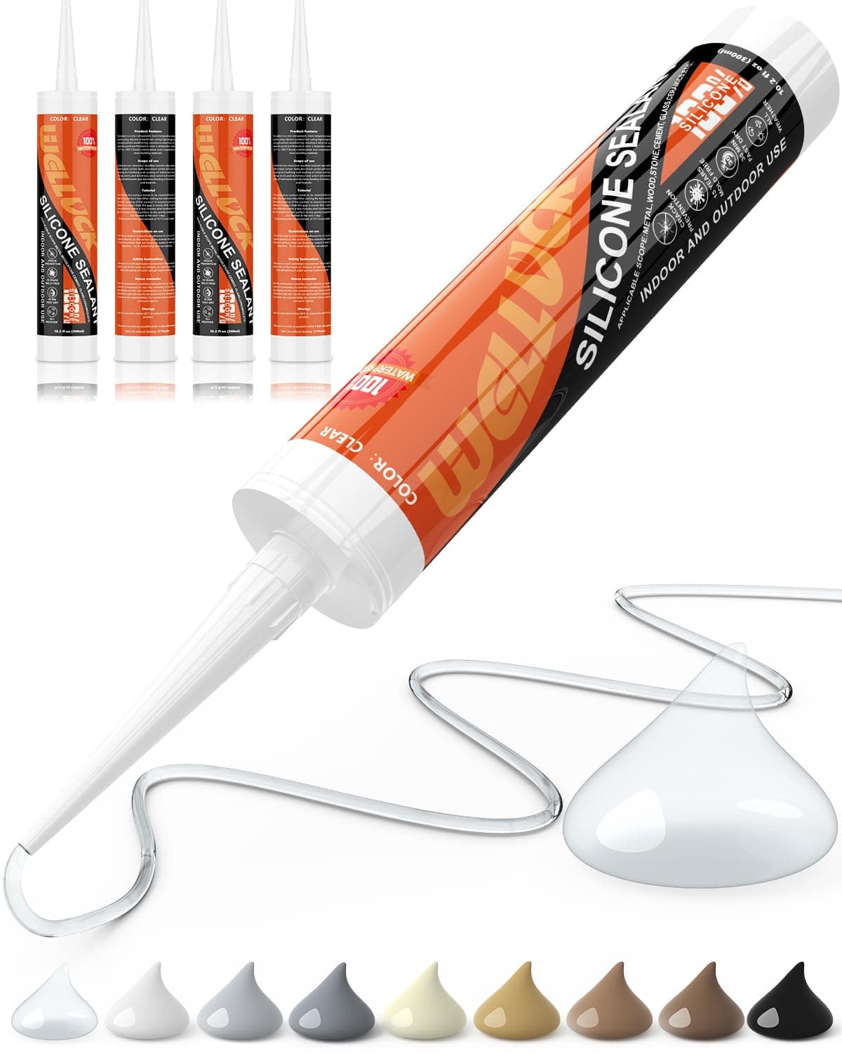 WELLUCK Clear Silicone Caulk, 100% Waterproof Silicone Sealant Adhesive Caulking,for RV, Kitchen,Bathroom, Window, Door, Glass,10.2FL.OZ/300ML (4Pack)
