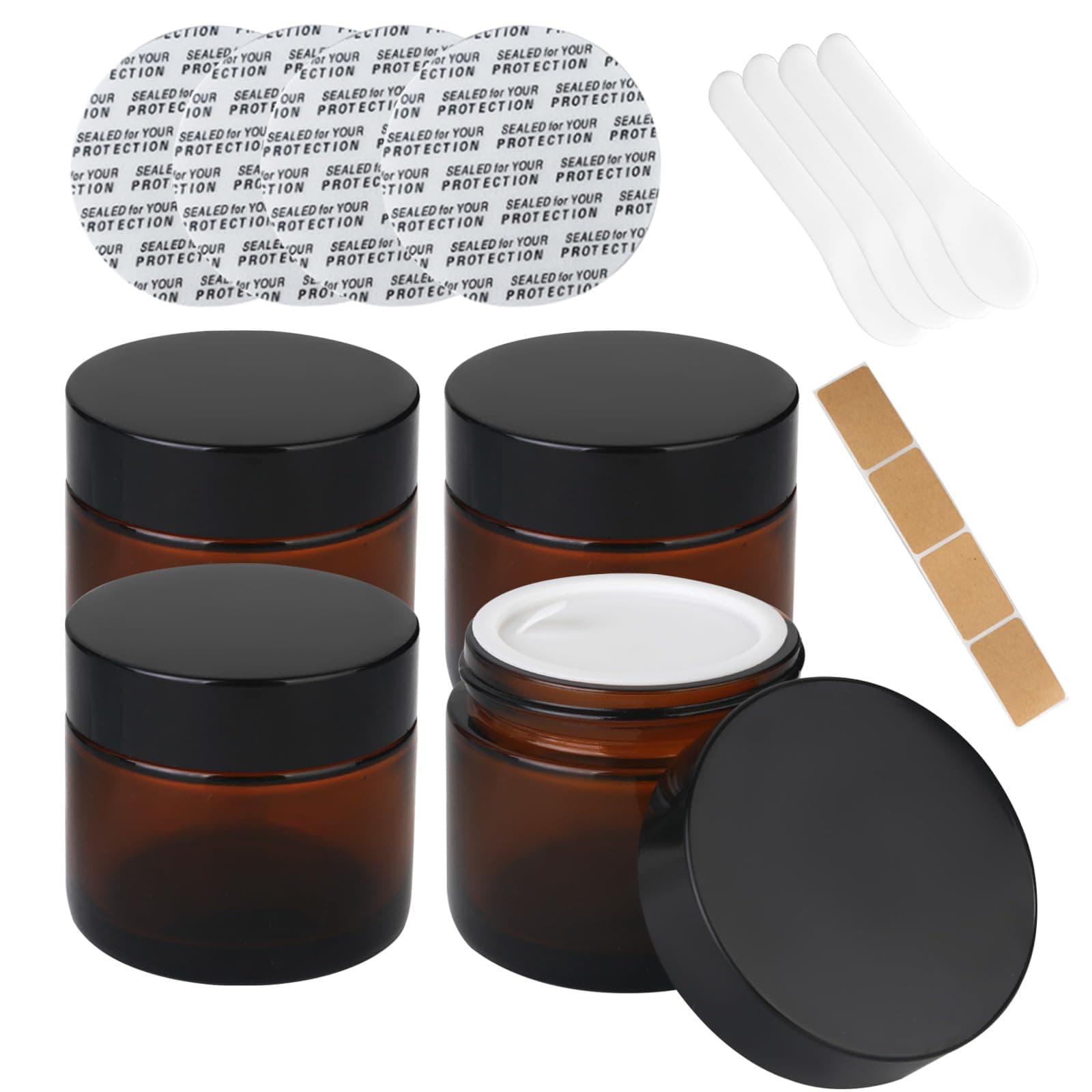 2 oz small glass jars with black lids, set of 4 amber glass cosmetic jars, reusable mini mason jars, round empty sample containers with liners, suitable for lotions, creams, powders, and ointments