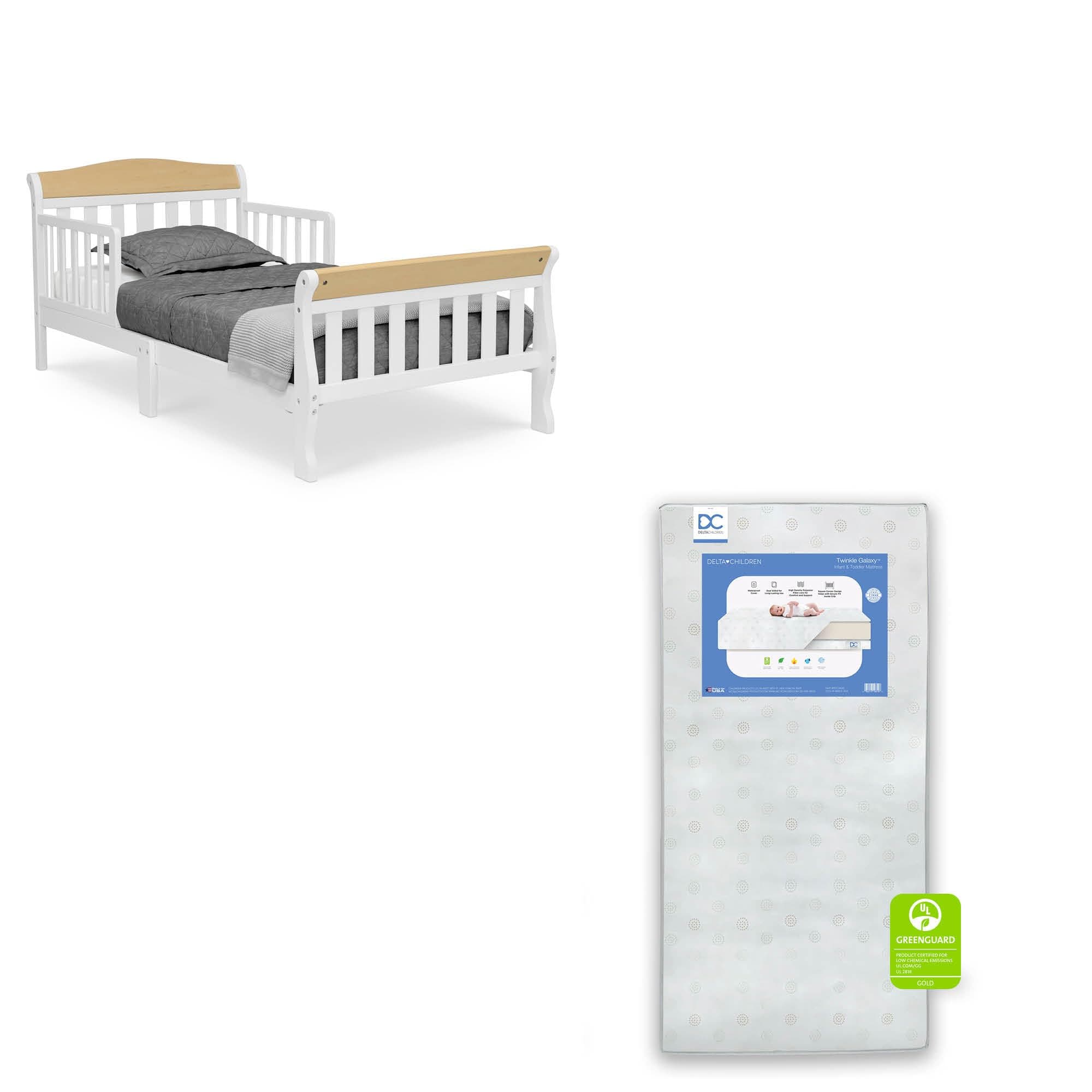 Delta Children Canton Toddler Bed, Bianca White/Natural + Twinkle Galaxy Crib and Toddler Mattress (Bundle)