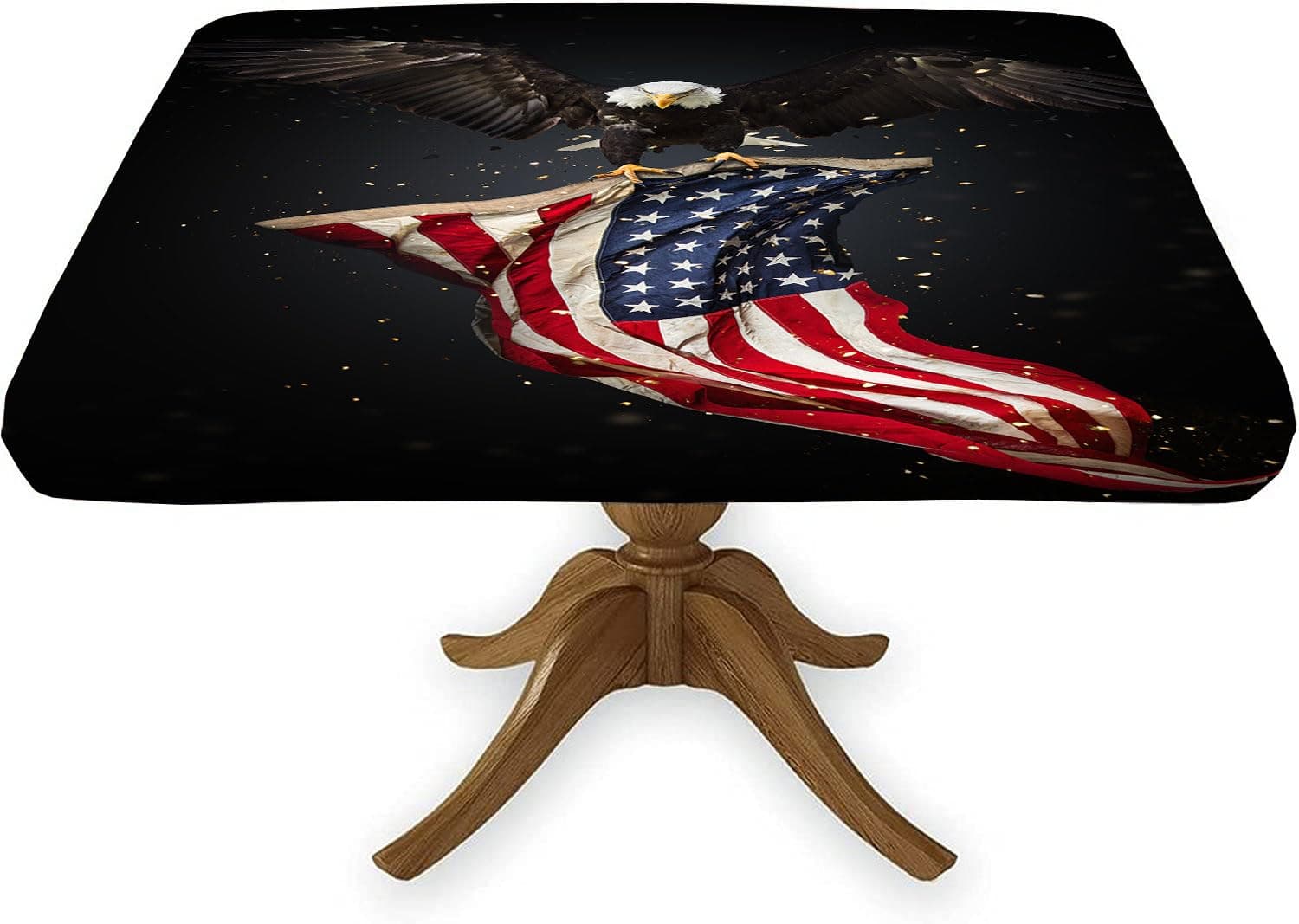 Square Fitted American Flag Tablecloths, Flying Bald Eagle USA Flags Elastic Edge Table Cover, Stain Resistant Washable Table Clothes for 4th of July Independence Day Use, Fits 54x54 Inch Table
