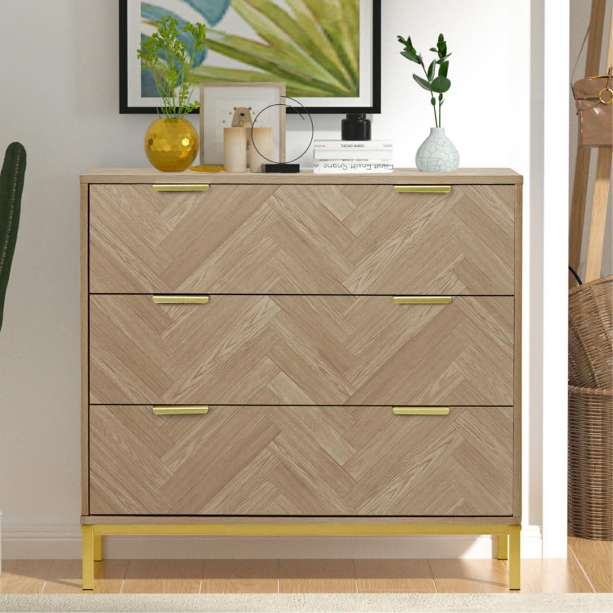 Anmytek 3 Drawer Dresser Chest of Drawers,Modern Wide Storage Cabinet with 3 Drawers, Natural Oak Chest of Drawer for Closet, Living Room Bedroom H0037