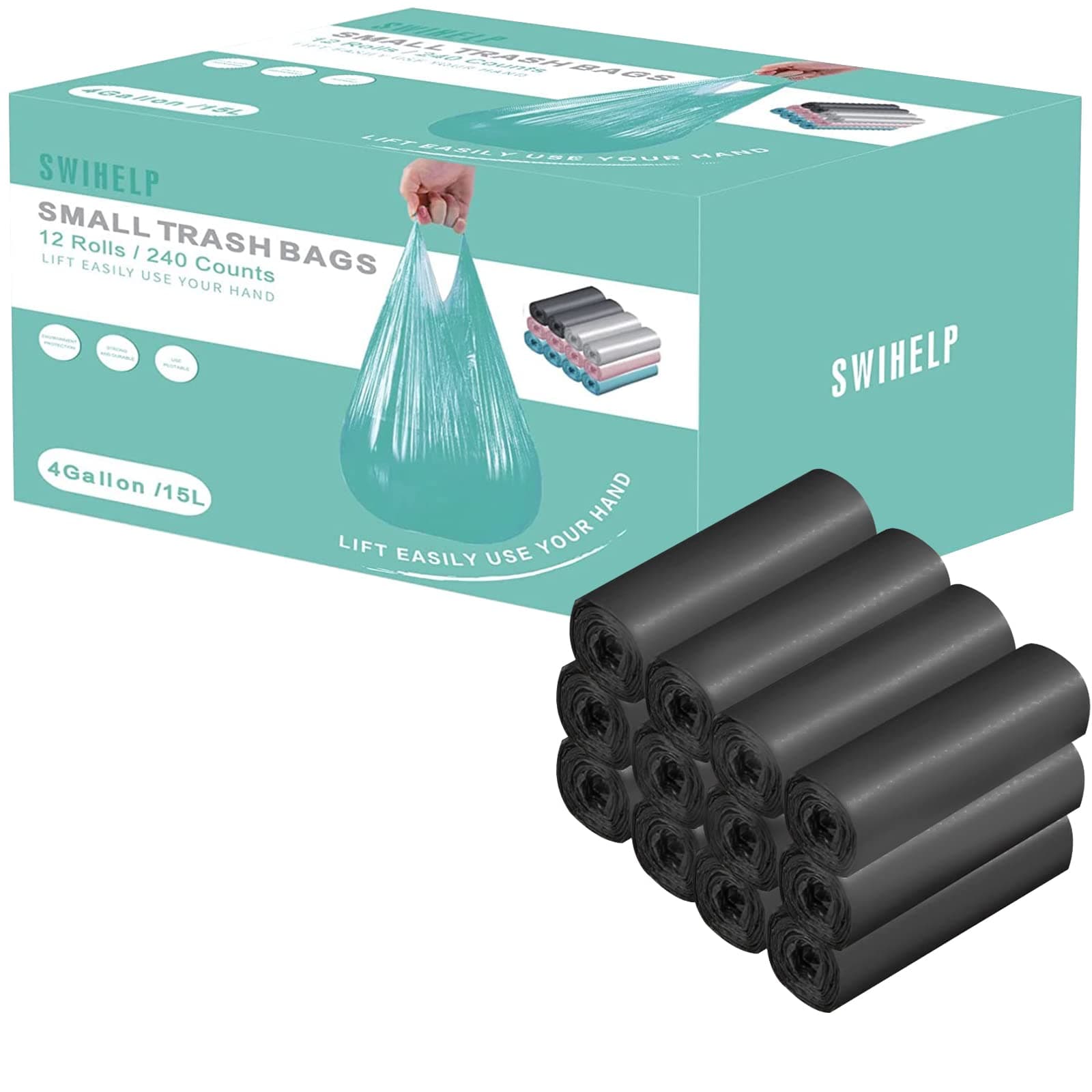 SWIHELP Small Trash Bags 240 Count Garbage Bags Waste Basket Liners for Bathroom, Kitchen,Bedroom, Office Pet Car 15 Liter Trash Can 4 Gallon…
