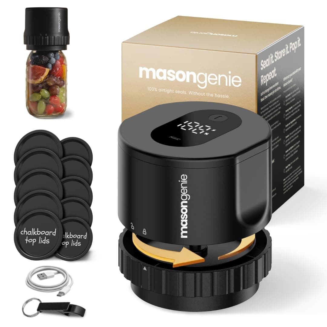Mason Genie - Mason Jar Vacuum Sealer Kit, Electric Vacuum Sealer for Regular Mouth and Wide Mouth Canning Jars, Fully Automated and Portable, includes 10 Chalkboard Top Lids