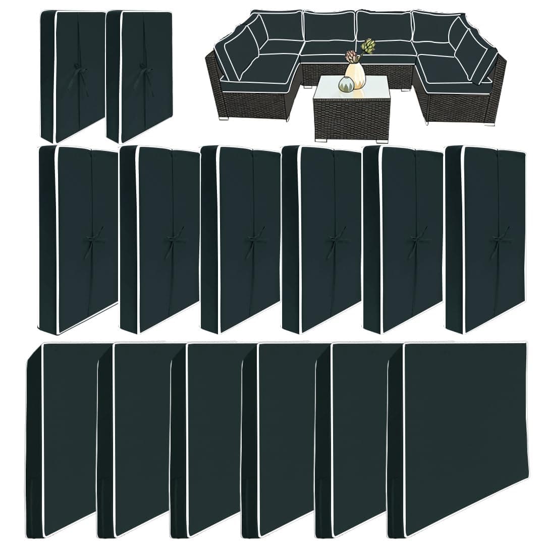 Outdoor Furniture Cushion Cover, 14 Pieces, Waterproof with Zipper, Soft Protective Cover (Grey with White Borders, 25.6 * 25.6 * 3.94in)