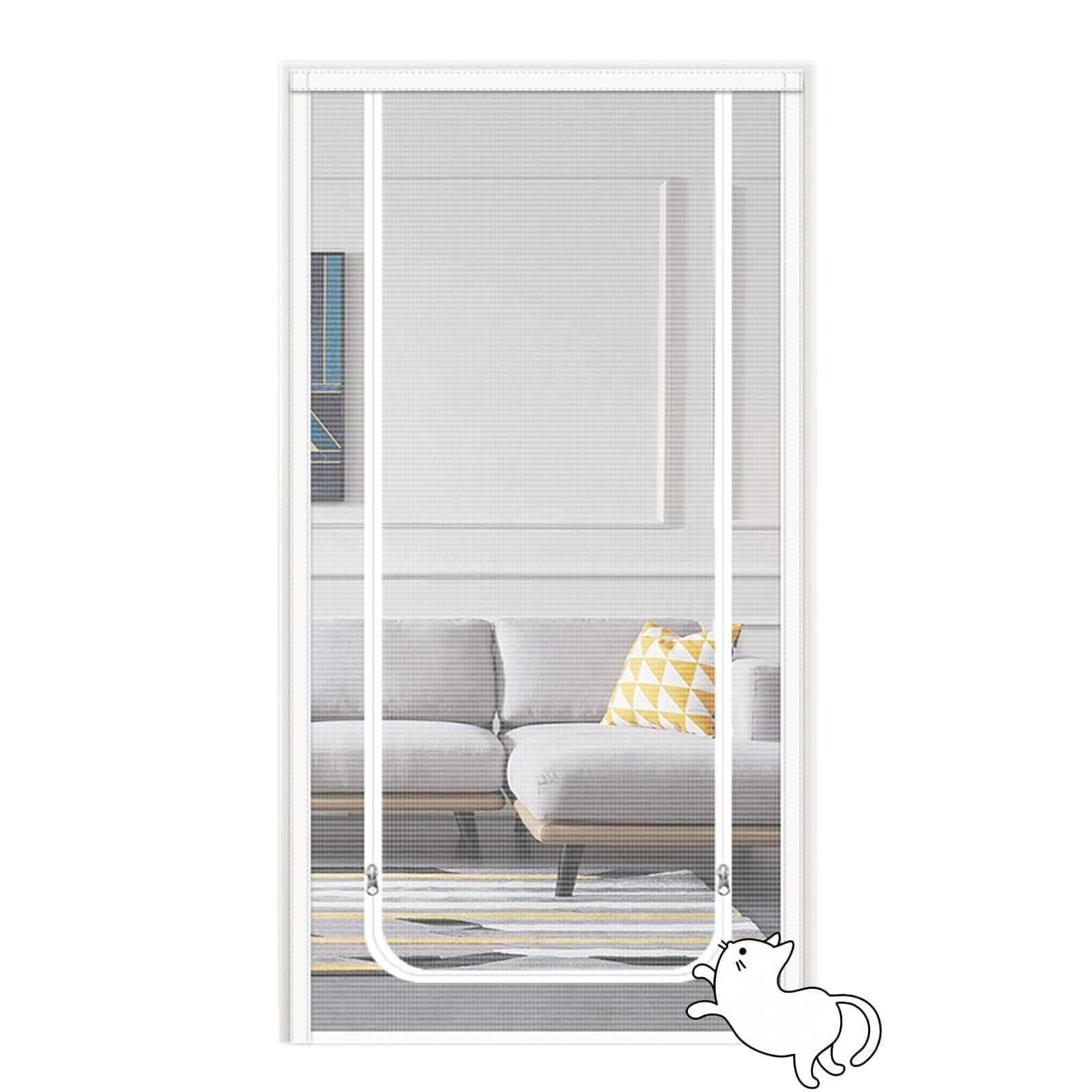 RiupFloh Cat Screen Door 33X81in Pets Proof Screen Door Mesh Door Screen with Zipper for Kitchen Patio Door Curtain Keeps Flies Out Hook & Loop,White
