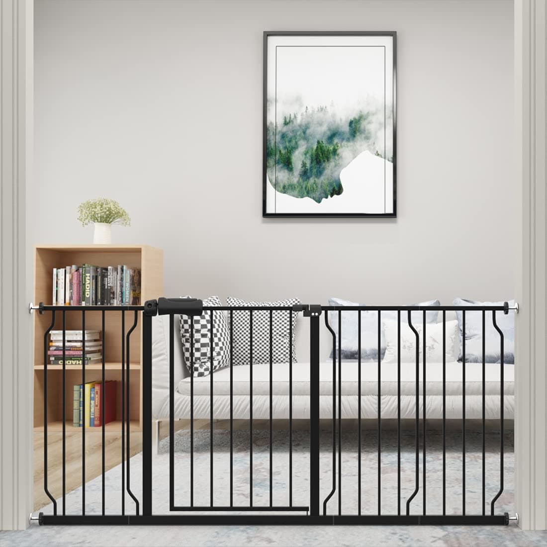 WAOWAO Baby Gate 71.65-76.38inch Extra Wide Pressure Mounted Walk 72 73 74 75 76 Inches Through Swing Auto Close Safety Black Metal Toddler Kids Child Dog Pet Puppy Cat for Stairs, Doorways, Kitchen