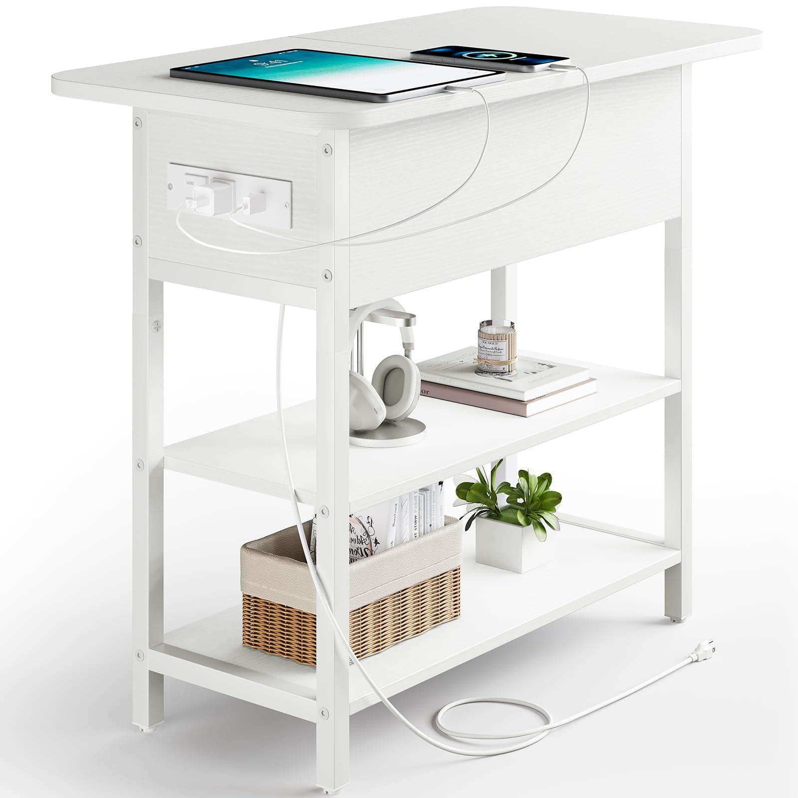 Yoobure End Table with Charging Station, Flip Top Side Table with USB Ports and Outlets, Sofa Couch Table Bedside Table for Living Room Bedroom, Narrow Nightstand with Storage Shelves for Small Spaces