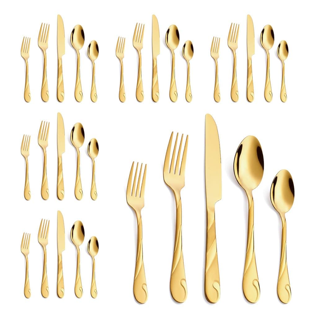 Seeshine Gold Silverware Set for 6, 30-Piece Stainless Steel Flatware Set, Shiny Gold Metal Cutlery Set, Include Spoon, Fork and Knife Set, Dishwasher Safe