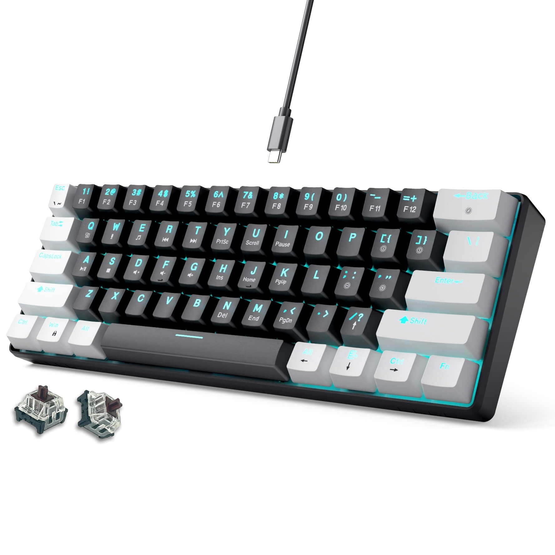 abucow 60% Mechanical Gaming Keyboard Balck Switch Wired Compact Keyboard Anti-Ghosting No-Conflict 61 Swappable keycaps Ergonomic Design for Windows/Mac (White-Black)