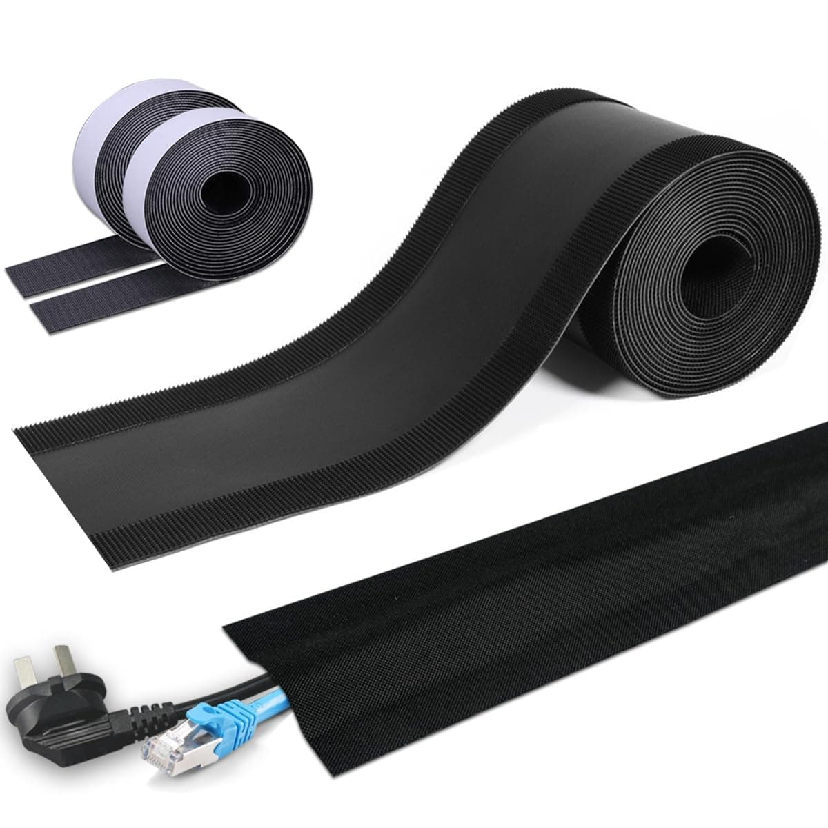 Floor Cable Covers - 10ft Oxford Fabric Cord Protector with Adhesive Hook & Loop,Waterproof Wire Storage Sleeve for Any Floor Surface,Durable Cable Management to Prevent Tripping Hazards (Black, 10ft)