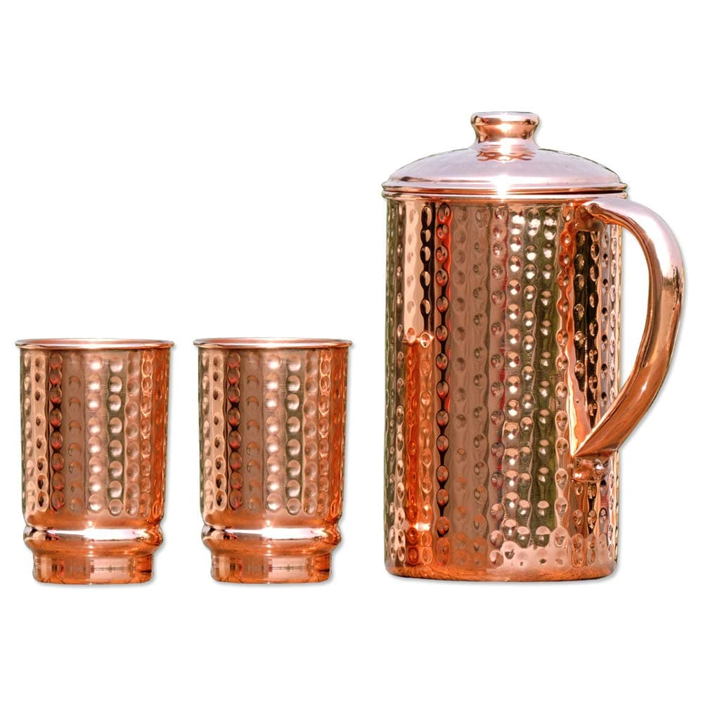 Ayurveda-Krug und Becher aus reinem Kupfer, gehämmertes Design, Krug mit 2 Bechern