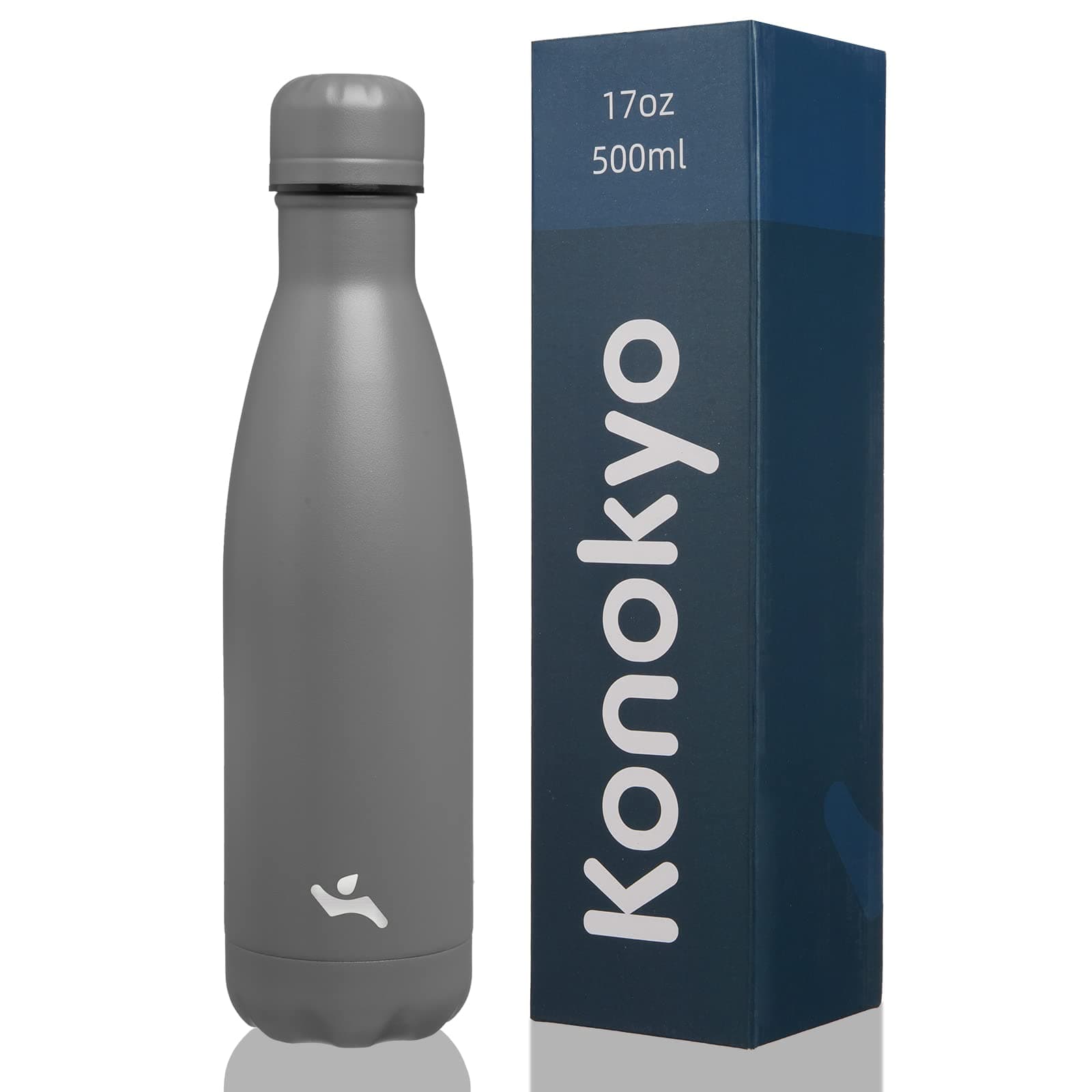 Konokyo Insulated Water Bottles,17 oz Double Wall Stainless Steel Vacumm Metal Flask for Sports Travel,Gray