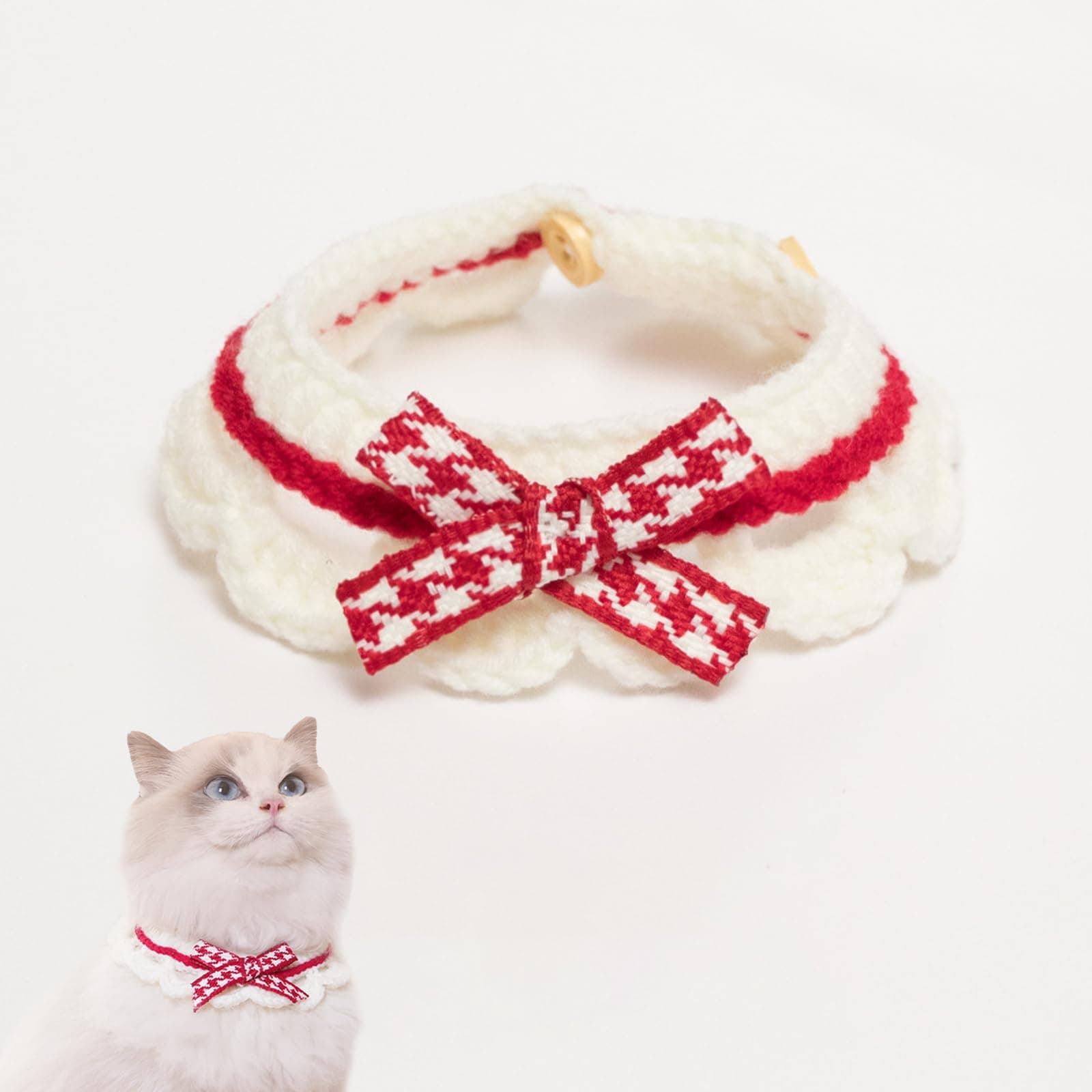 Cute Cat Collar Breakaway, Knitted Cat Collars for Girl Cats Comfortable for Kitty and Some Puppies (Bow red, XS)