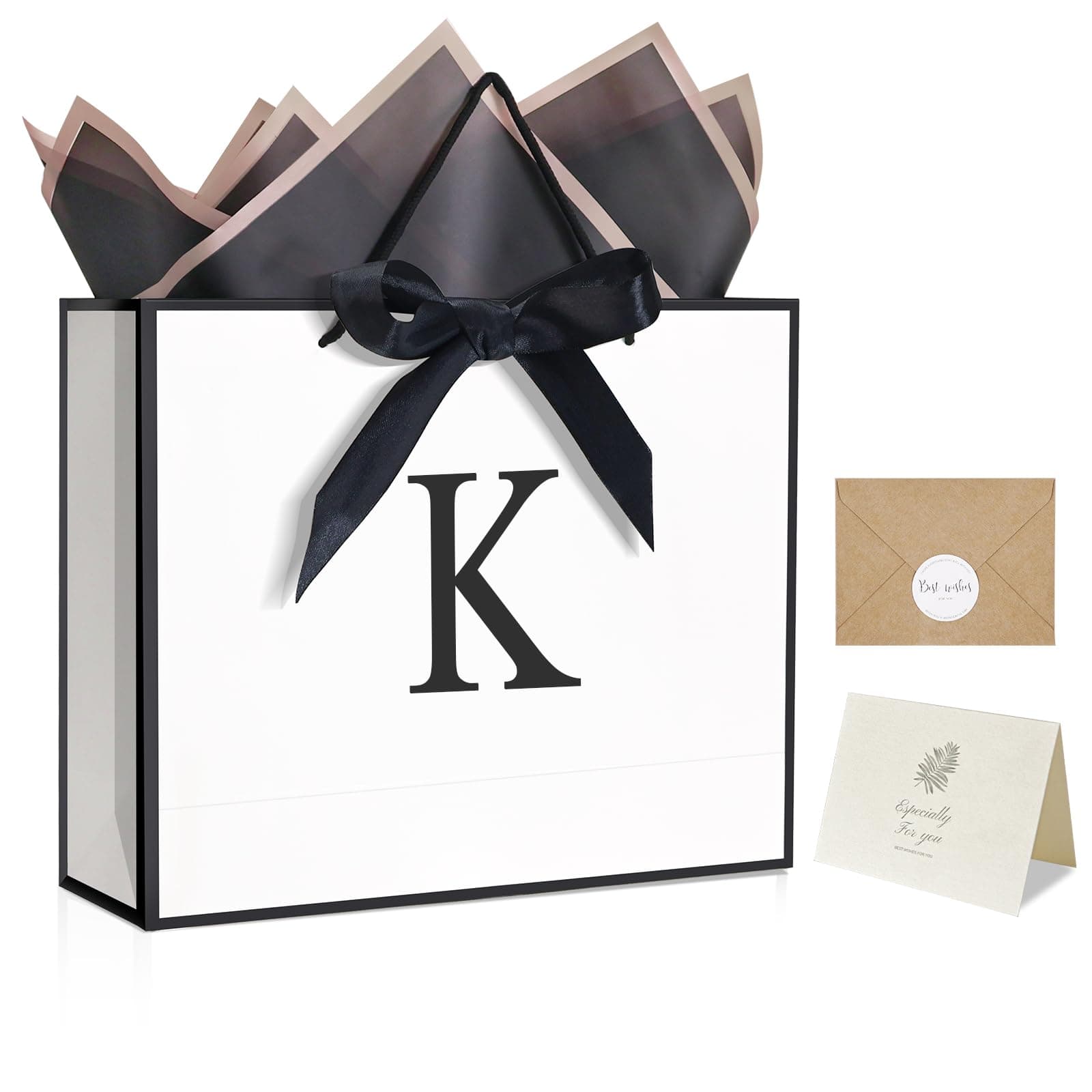 QLSKO Personalized Gift Wrap Bag Set, Monogrammed Initial, Card, Envelope, Sticker, Ribbon, Tissue (White, K-Medium)