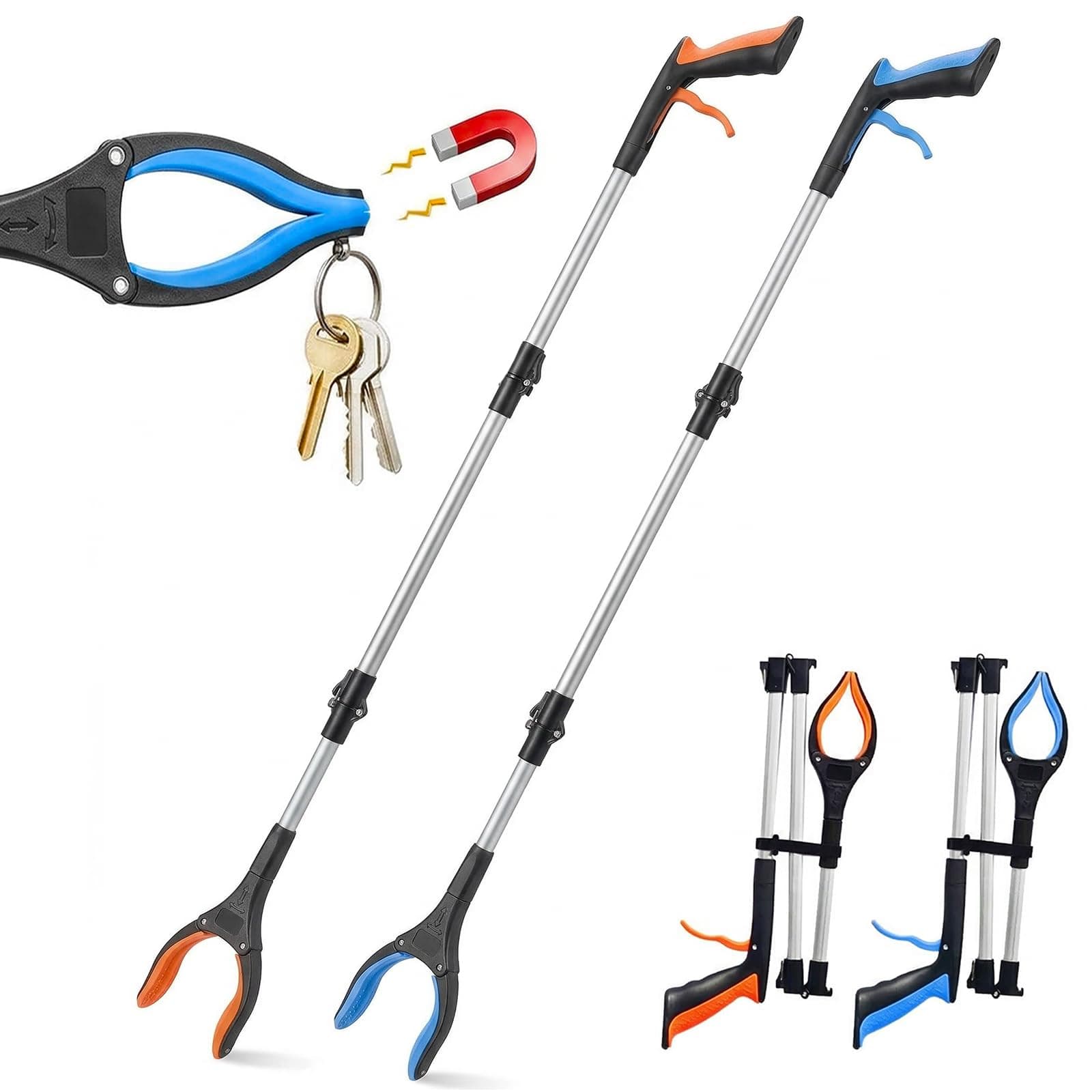 2-Pack Grabber Reacher Tool, 43 Inch Extra Long Steel Foldable Pick Up Stick with Strong Grip Magnetic