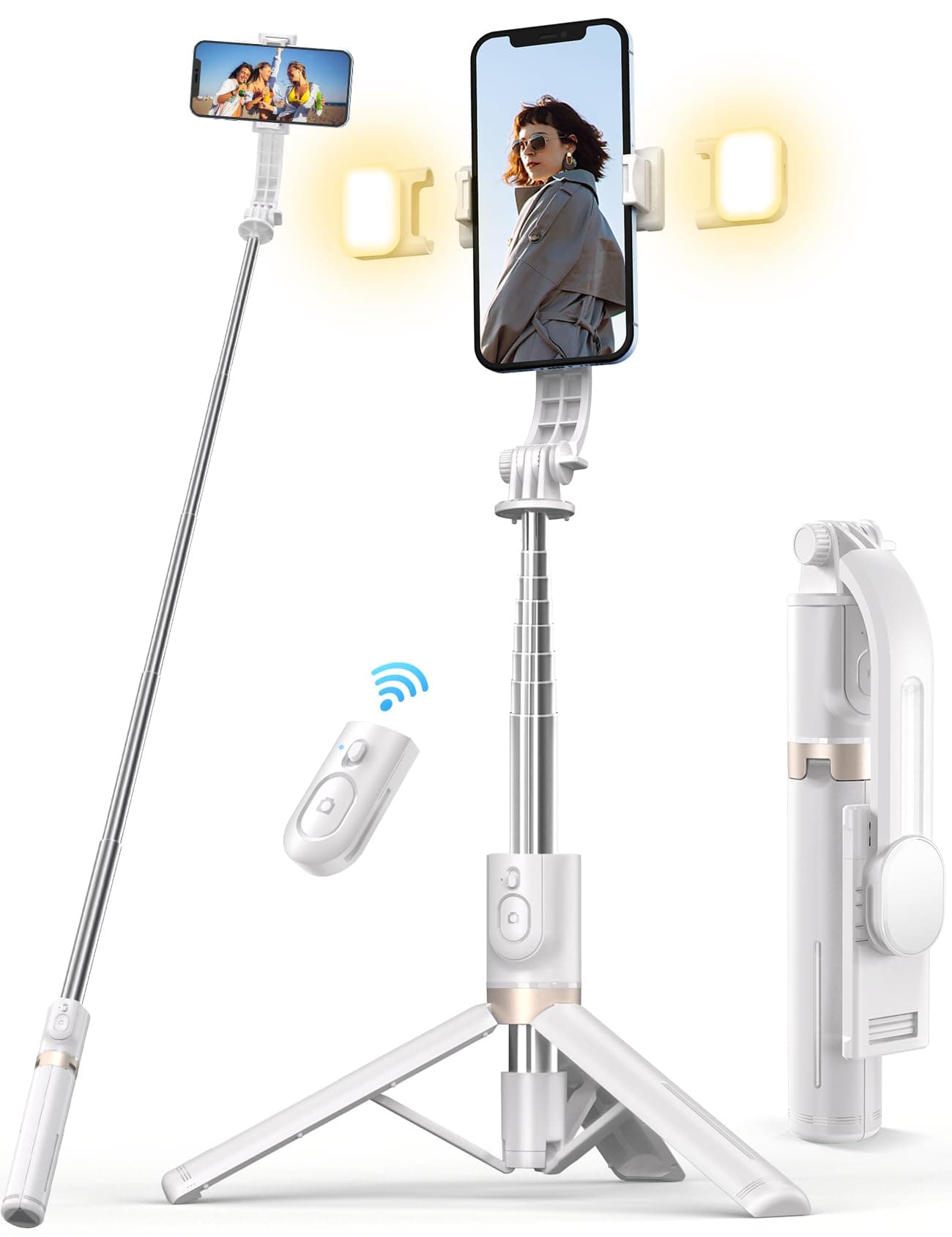 Selfie Stick Tripod with Remote and 2 Light, Pnitri 45" Cell Phone Tripod Stand, Travel Selfie Stick Compatible with GoPro, 4-7" iPhone Samsung Android Smartphones (White)