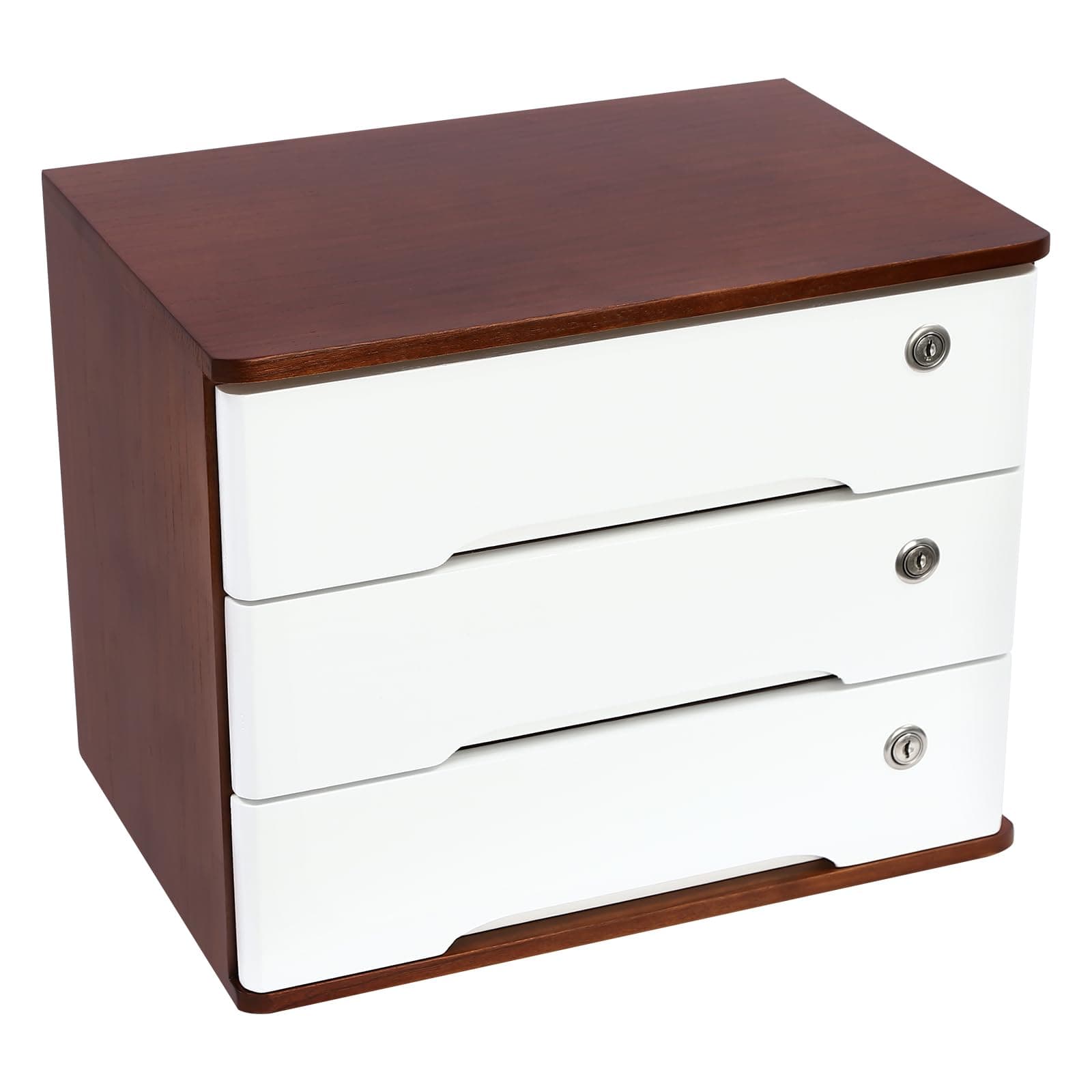 WANLECY Desktop File Organizer with Lock, 2/3/4 Tier Multi-Drawer Wooden Storage Cabinet, Office Supply Organizer for Home Desk, Study & Workplace (Wine Red + White, 3 Layers)