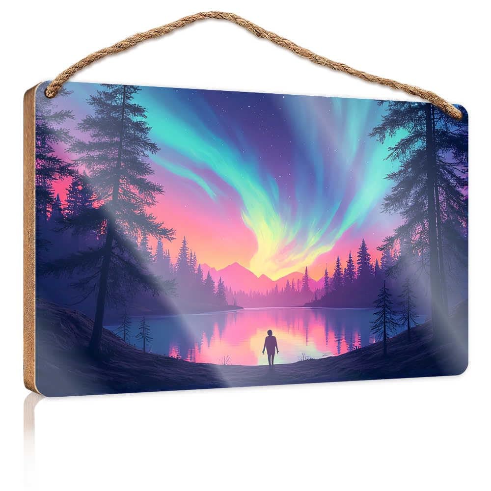 Funny Kitchen Decor Man Standing By Lake Under Aurora Borealis Wooden Sign Cool Stuff For Your Room Chill Wood Sign(15X28CM)