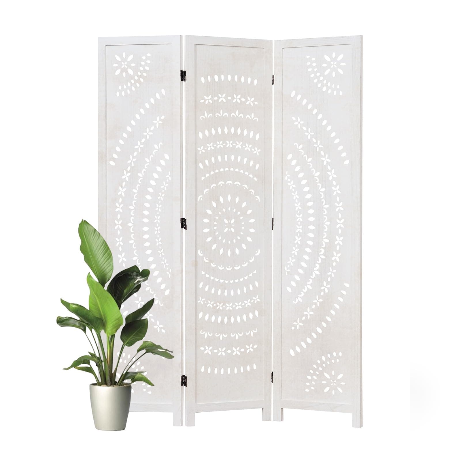 66.9Inch Folding Room Divider, 3 Panels Wood Carved Privacy Screens, Free Assembled Freestanding Partition for Home Office Restaurant Bedroom (White-Washed)