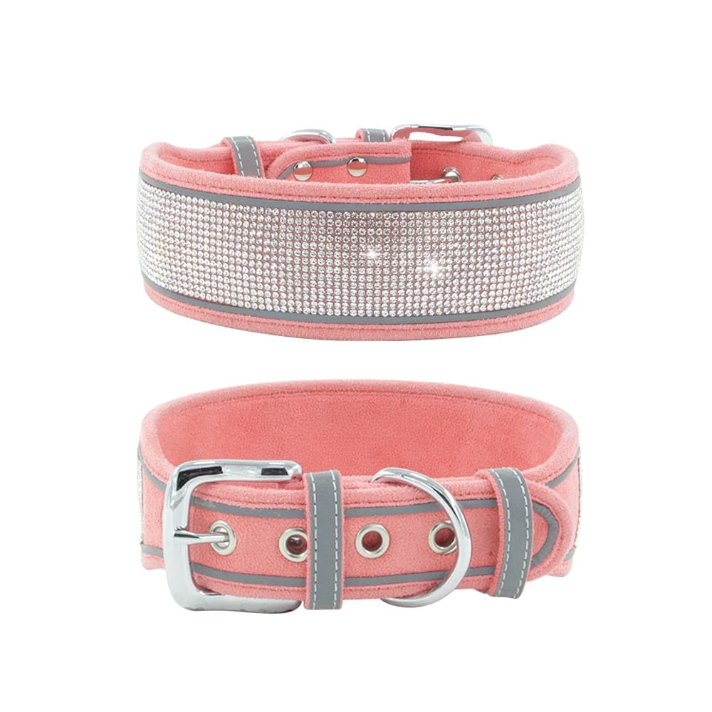 haoyueer Rhinestone Dog Collar, Dazzling Sparkling Soft Suede Reflective Large Dog Collar Crystal Diamond Collar for Medium & Large Dogs (S:12-15", Pink)