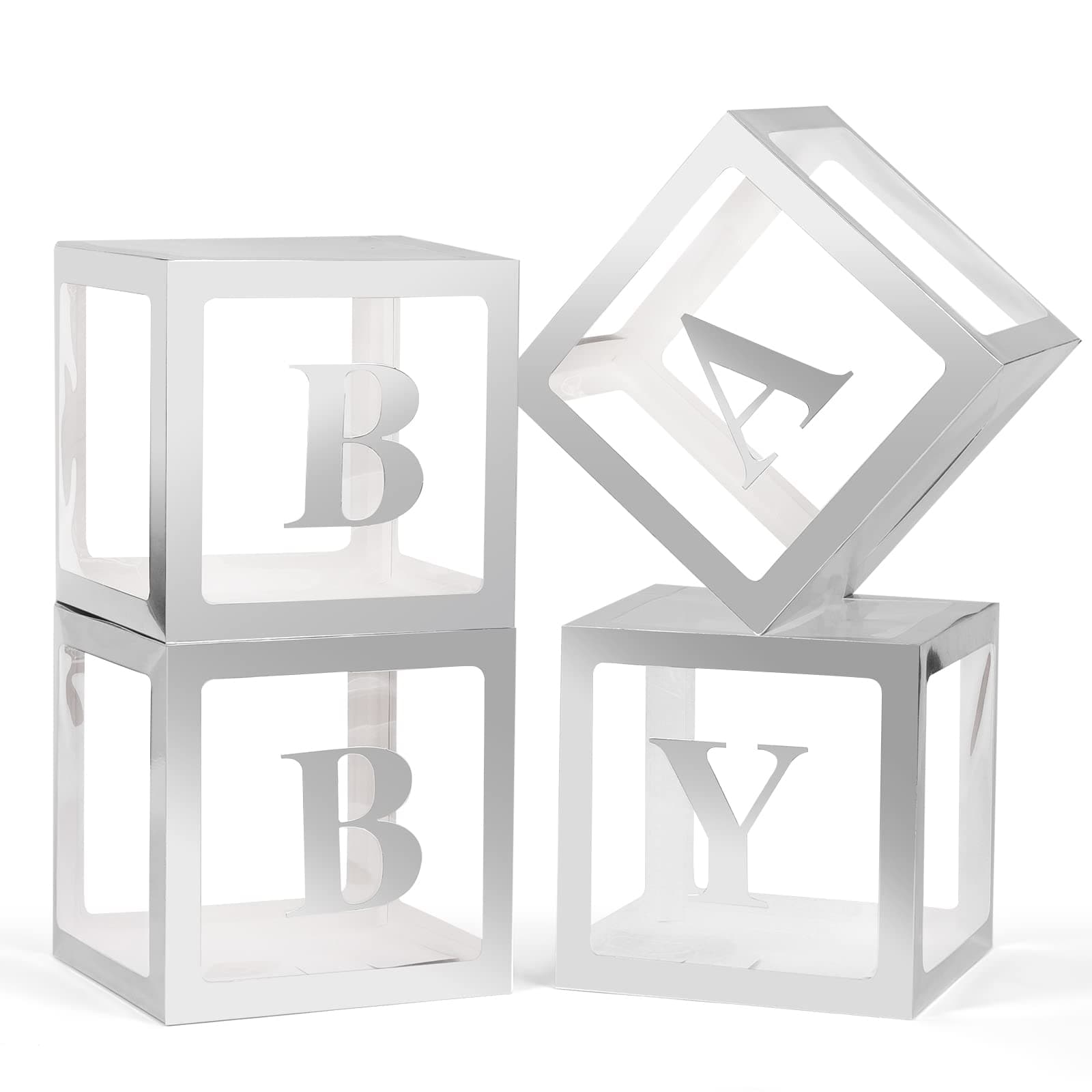 Voircoloria Baby Boxes with Letters, Silver, 4 Transparent Balloon Boxes
